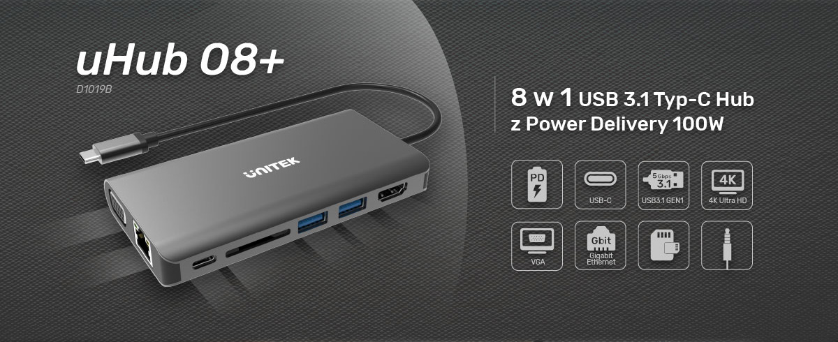 Unitek Hub USB-C 3.1 8w1 z Power Delivery 100W