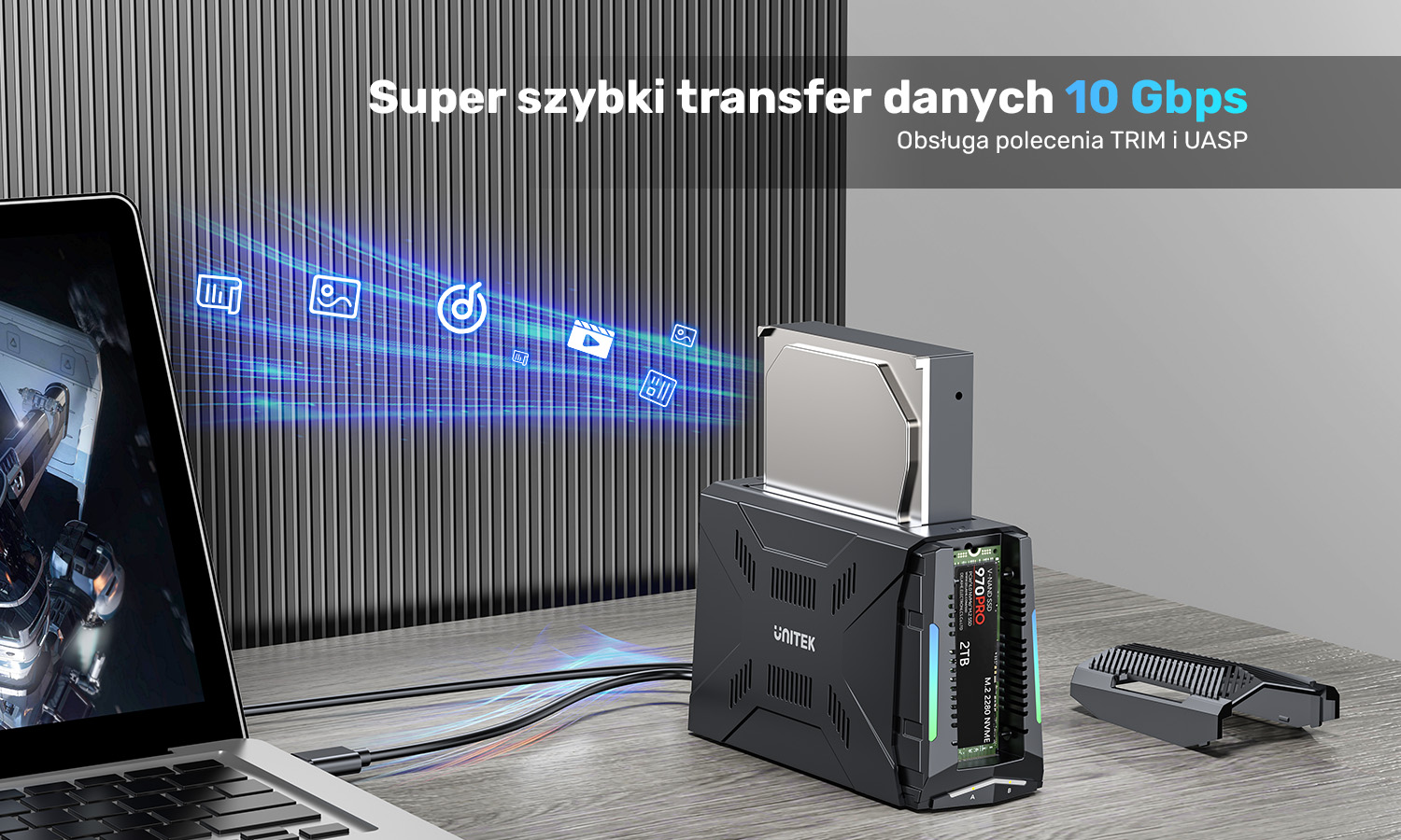 Unitek Stacja dokująca, 1x dysk M.2 NVMe, 1x dysk SATA, USB-C 10 Gbps