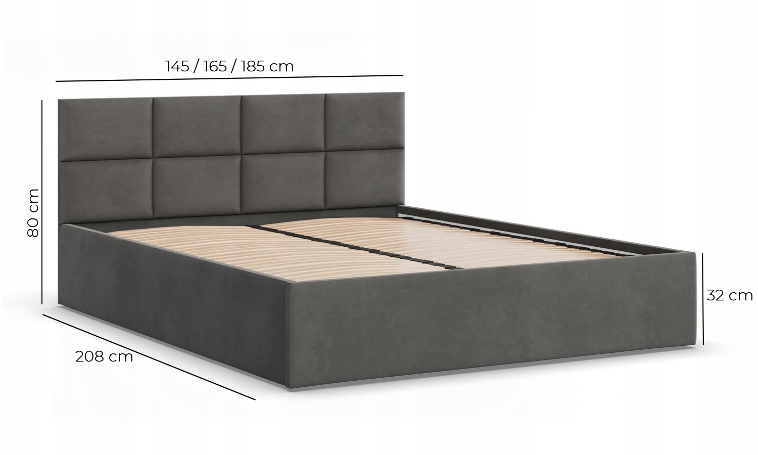 Łóżko Ramowe BORGO CIEMNY SZARY Tapicerowane Podwójne 160x200 VELVET
