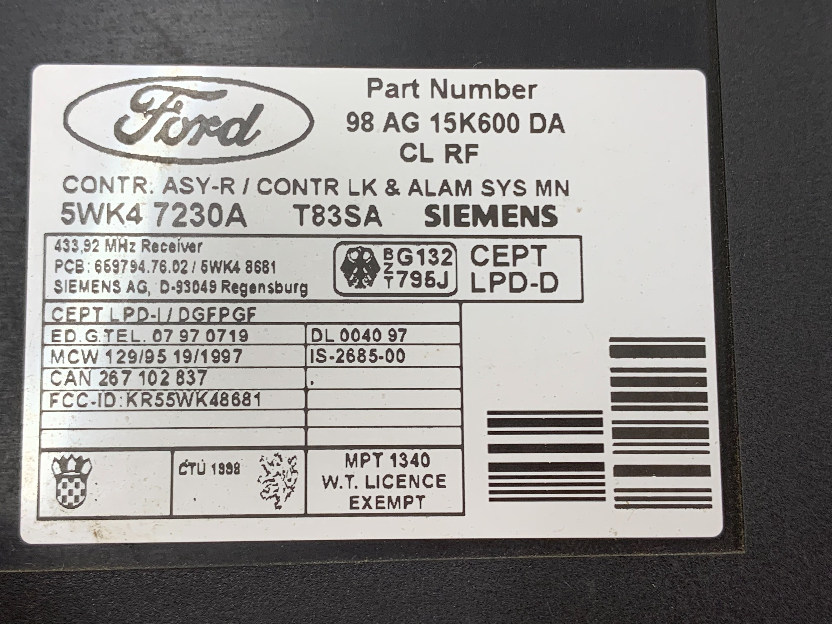 FORD FOCUS MK1 MODUŁ STEROWNIK 98-01 98AG15K600DA - zdjęcie 4