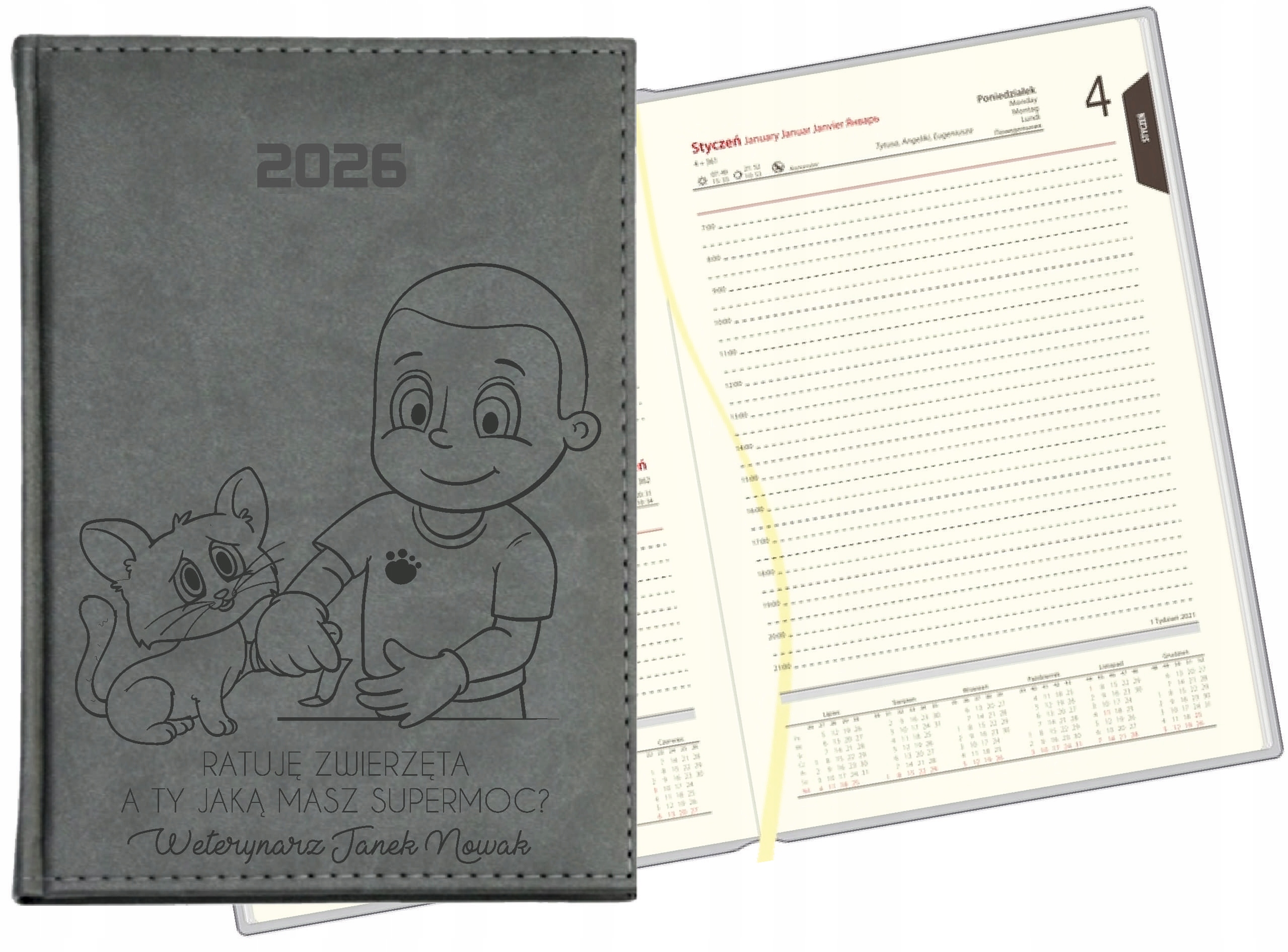 GRAWEROWANY KALENDARZ DZIENNY terminarz A5 2026 prezent dla weterynarza