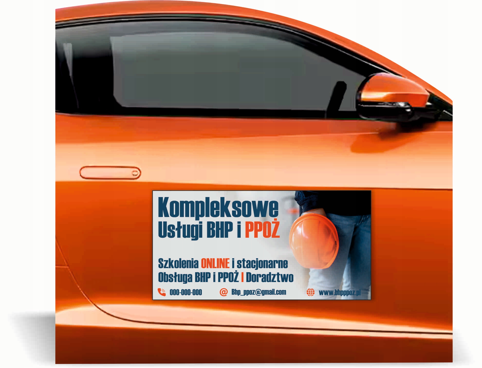 Magnes na samochód reklama magnetyczna 60x30 KOMPLEKSOWE USŁUGI PPOŻ BHP