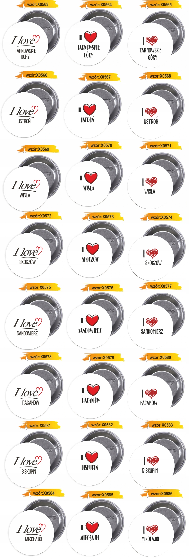 Przypinki buttony I LOVE WISŁA z grafiką HIT