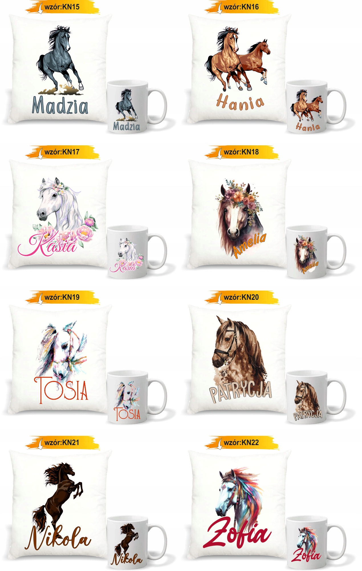 Zestaw PODUSZKA + KUBEK z nadrukiem IMIĘ TEKST NA PREZENT KOŃ KONIE