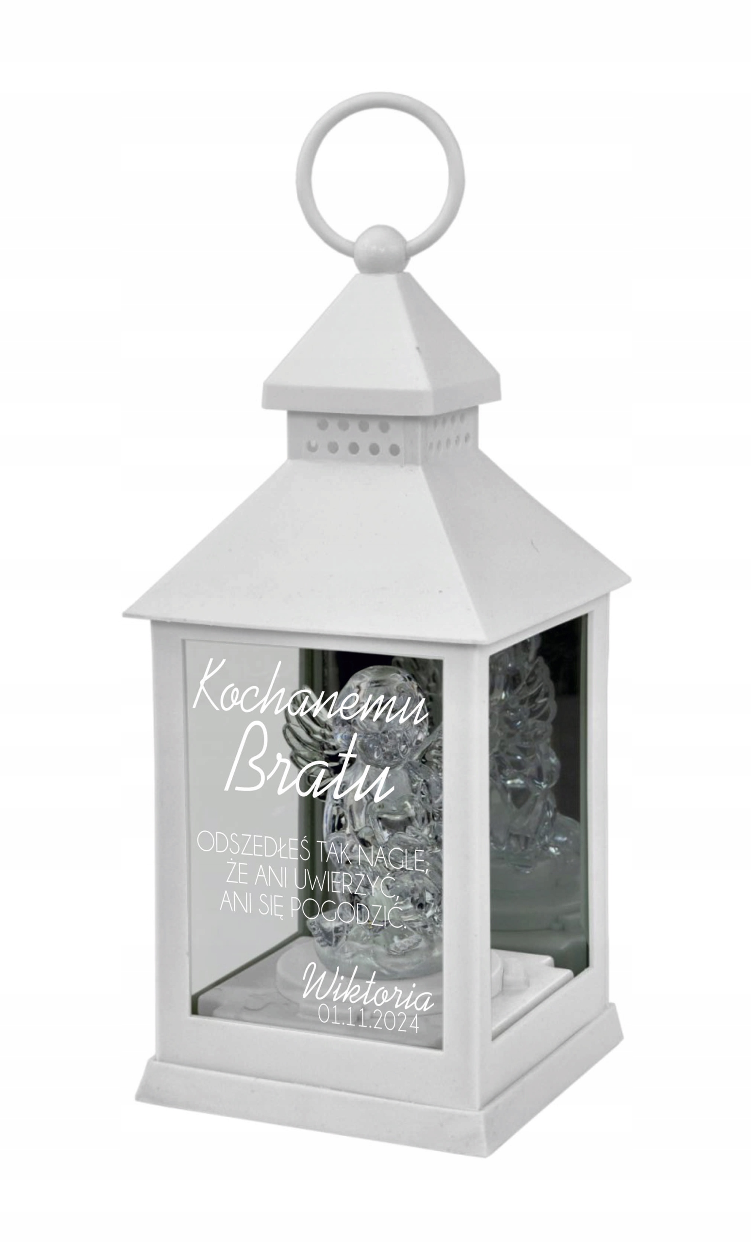 ZNICZ LAMPION biały aniołek DLA BRATA imię LED mała kapliczka DEDYKACJA