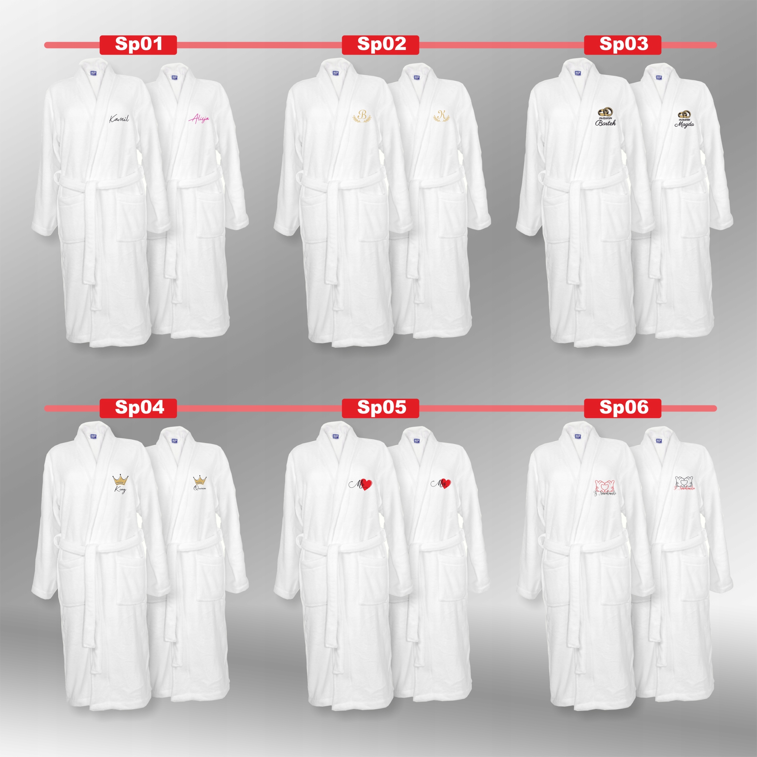 SZLAFROKI BIAŁE Z HAFTEM 2 szt unisex PREZENT personalizowany dużo wzorów