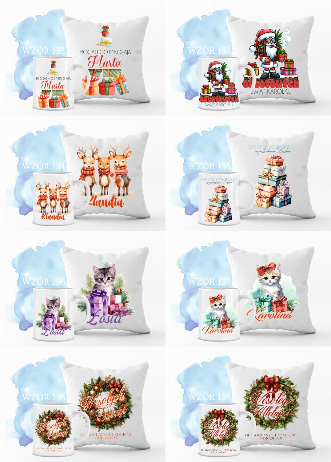 Zestaw PODUSZKA i KUBEK mikołajkowy świąteczny PREZENT twój tekst imię