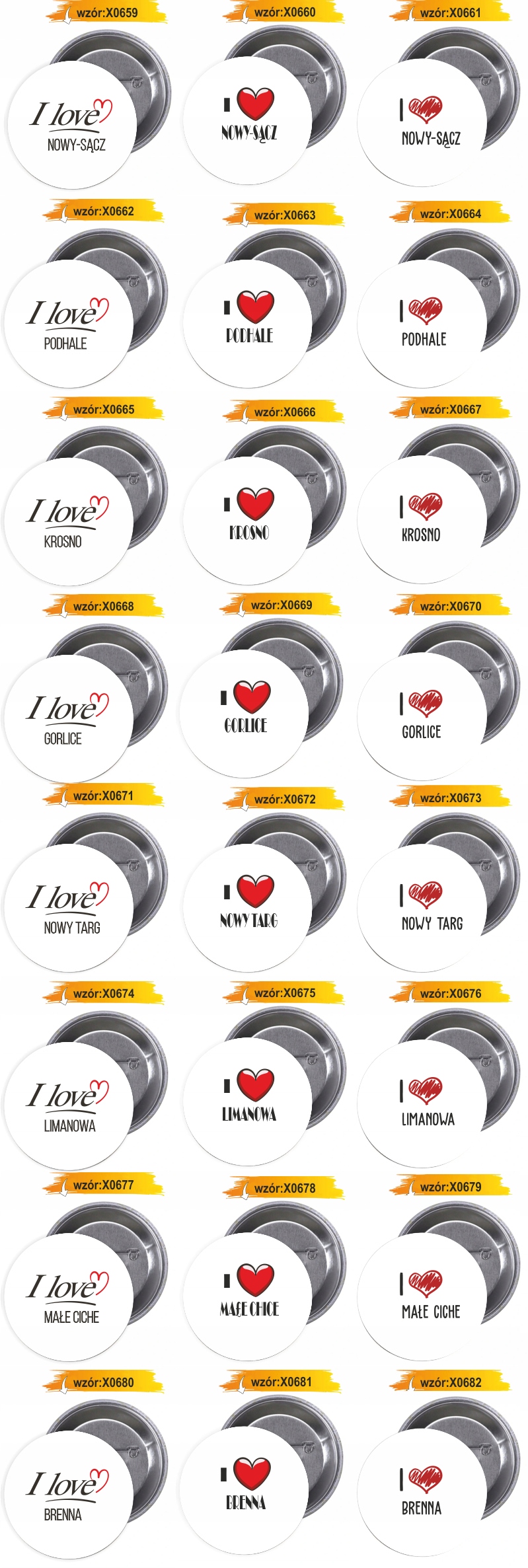 Przypinki buttony I LOVE USTROŃ z grafiką HIT