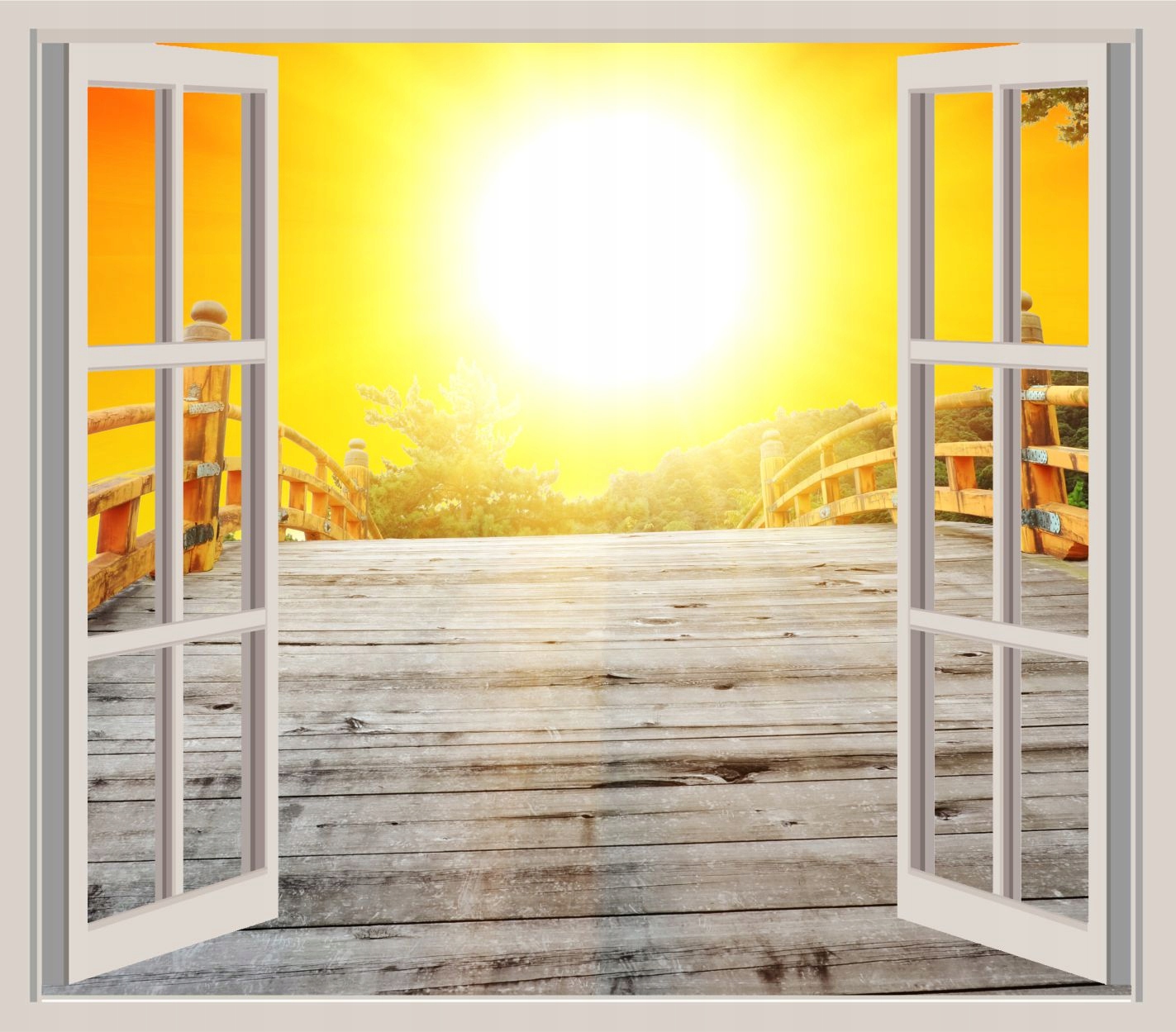 FOTOTAPETA 3D OKNO widok most kładka las drzewa