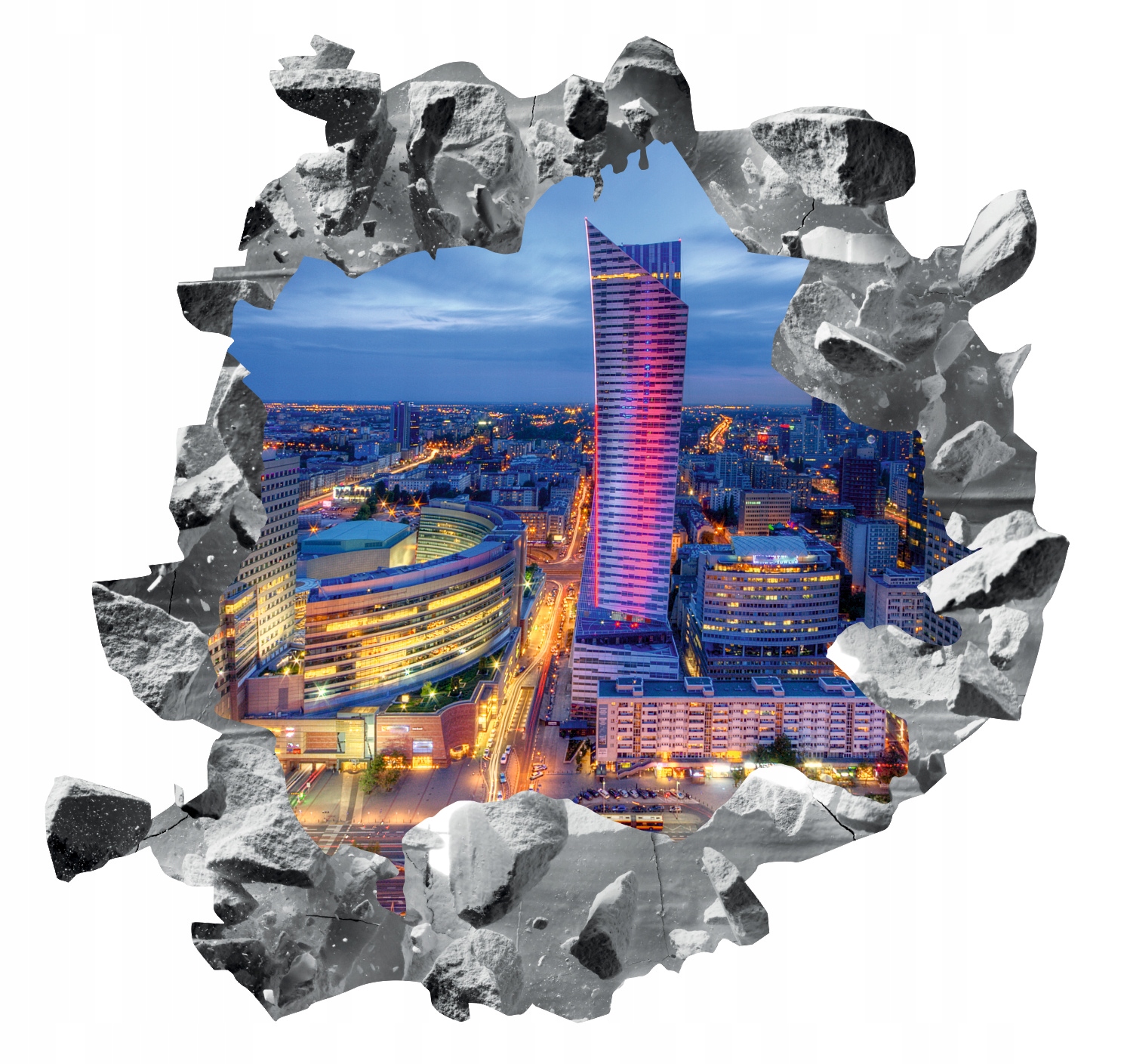 Naklejka samoprzylepna efekt 3D widok miasto nocą