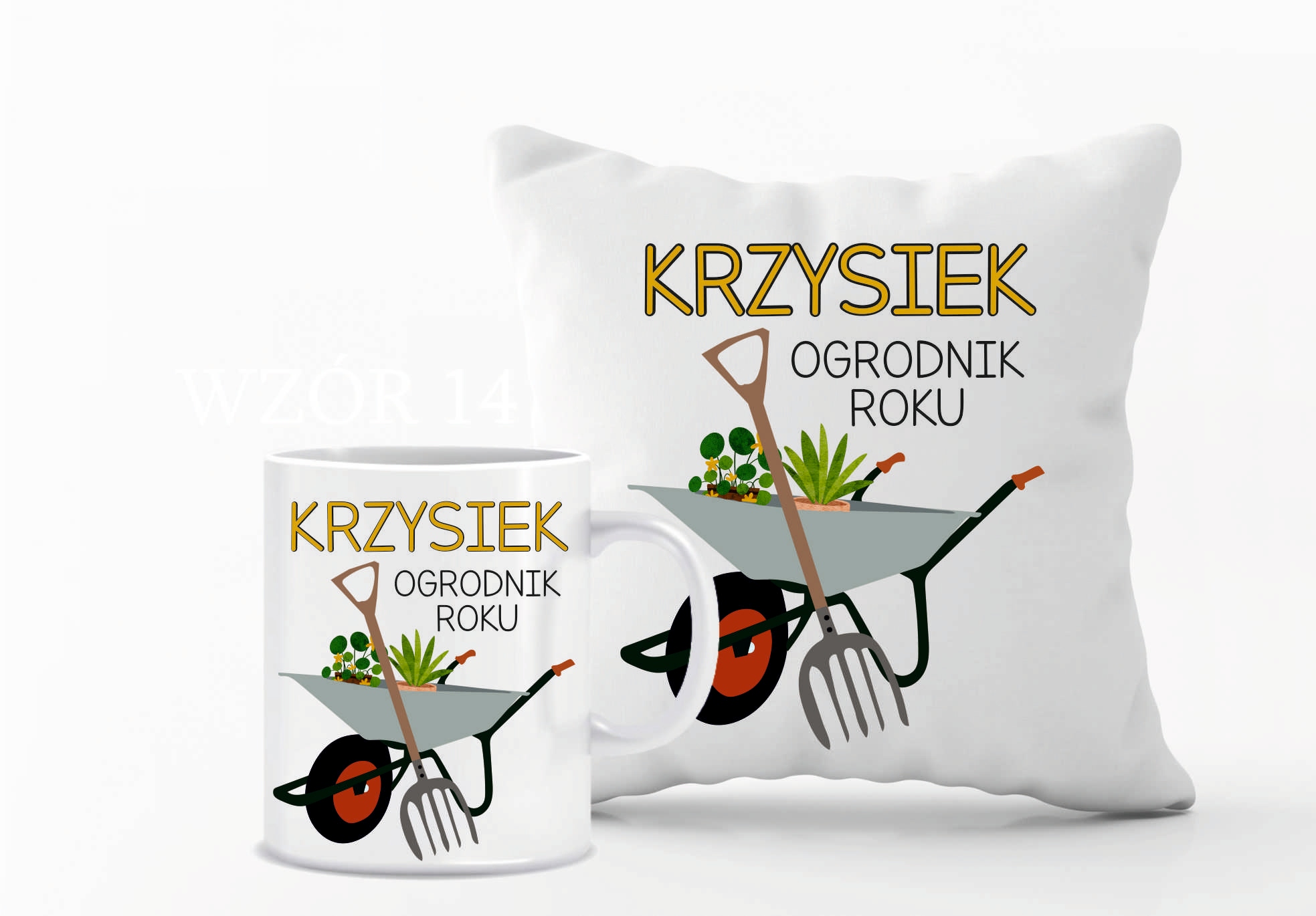 Zestaw PODUSZKA i KUBEK z nadrukiem PREZENT dla OGRODNIKA z imieniem