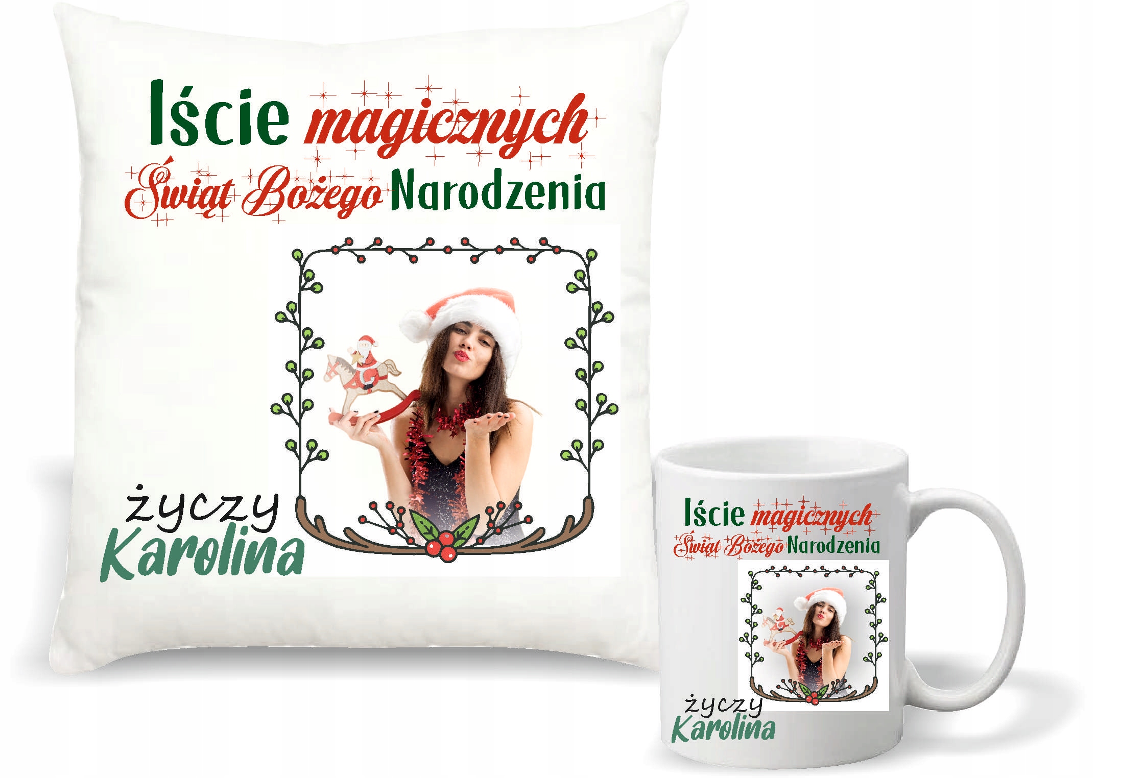 Zestaw PODUSZKA i KUBEK świąteczny PREZENT twoje zdjęcie imię różne wzory