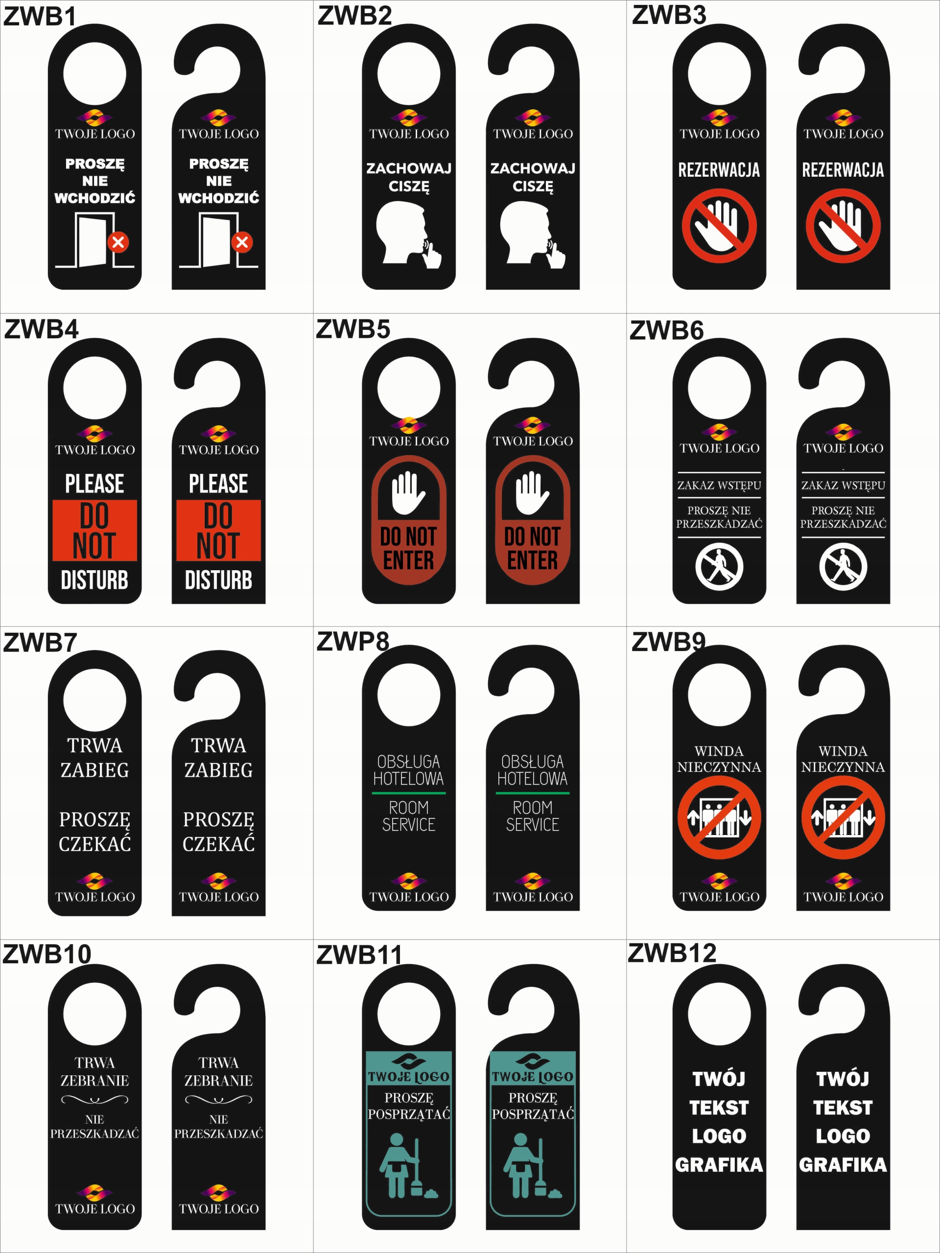 ZAWIESZKA NA DRZWI klamkę hotelowa czarna plexi TWÓJ TEKST dużo wzorów