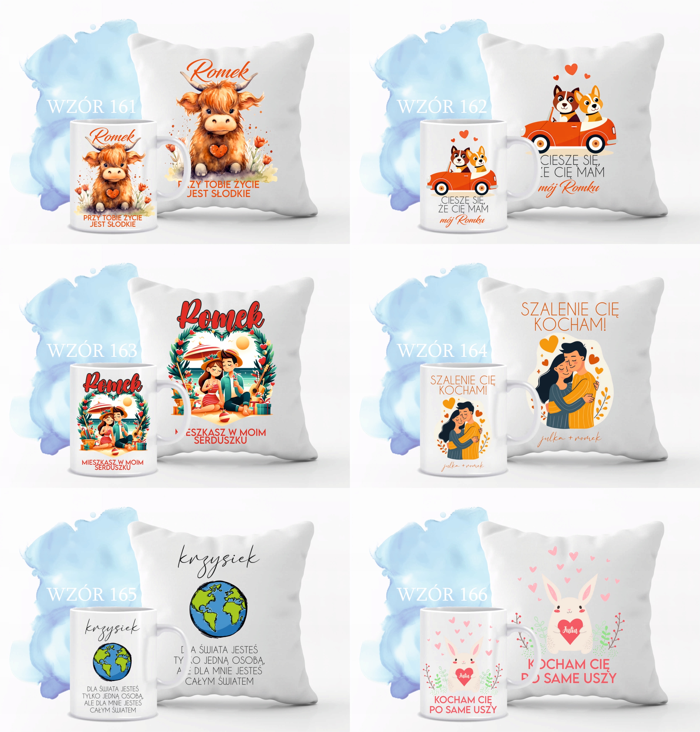 Walentynkowy Zestaw PODUSZKA i KUBEK prezent z TWOM NAPISEM IMIONAMI