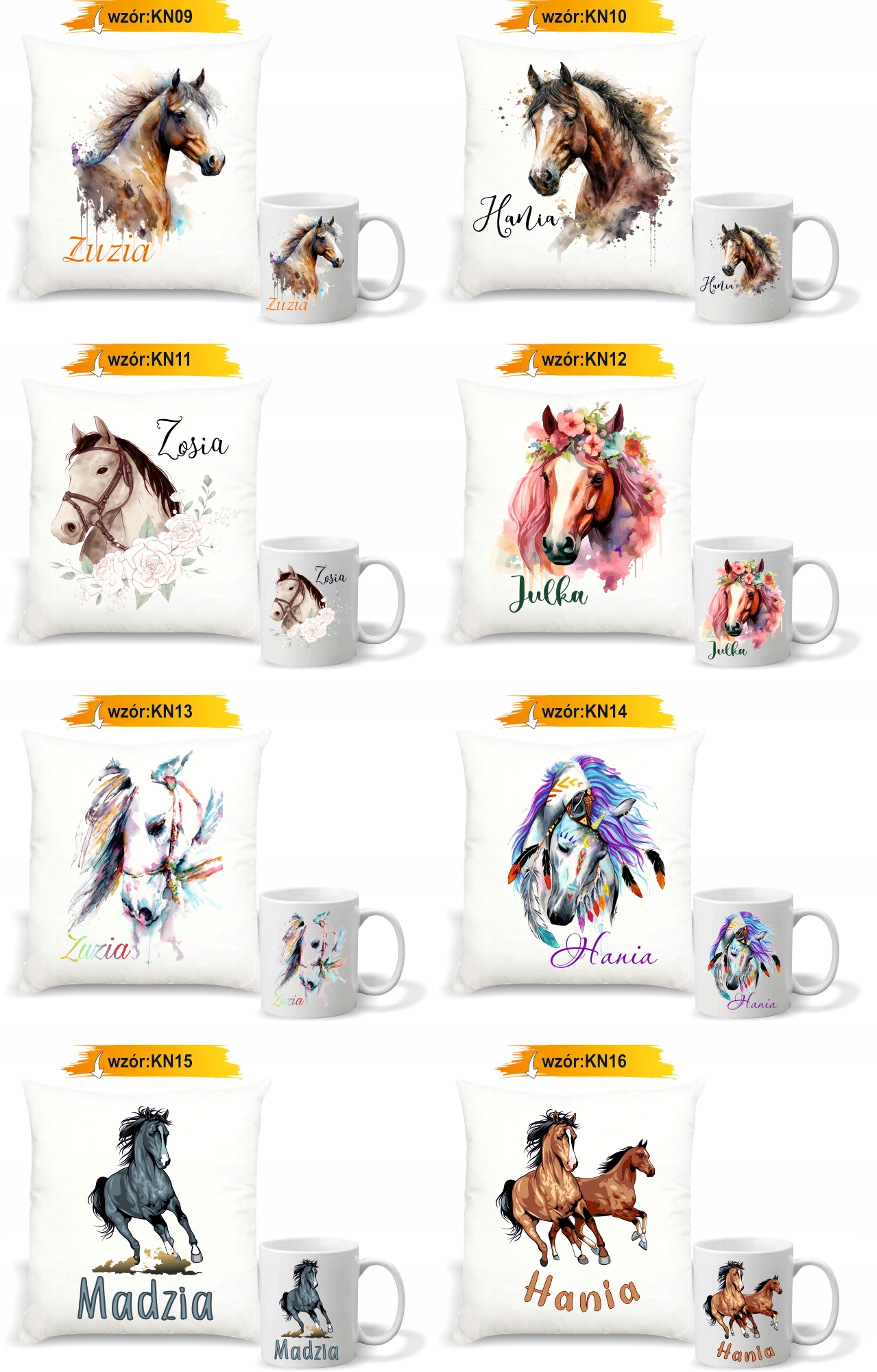 Zestaw PODUSZKA + KUBEK z nadrukiem IMIĘ TEKST NA PREZENT KOŃ KONIE