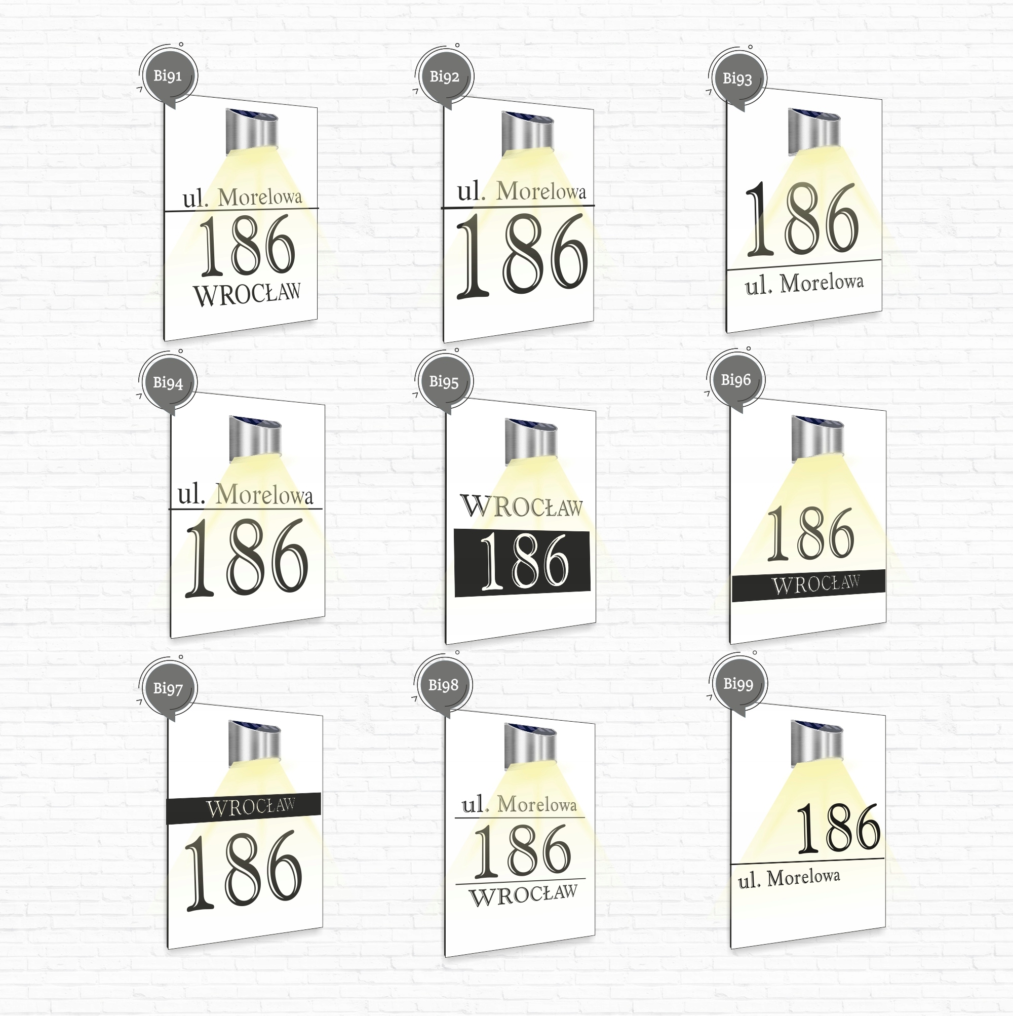 biała TABLICZKA podświetlana ADRESOWA ze strzałką nierdzewna dibond 30x20