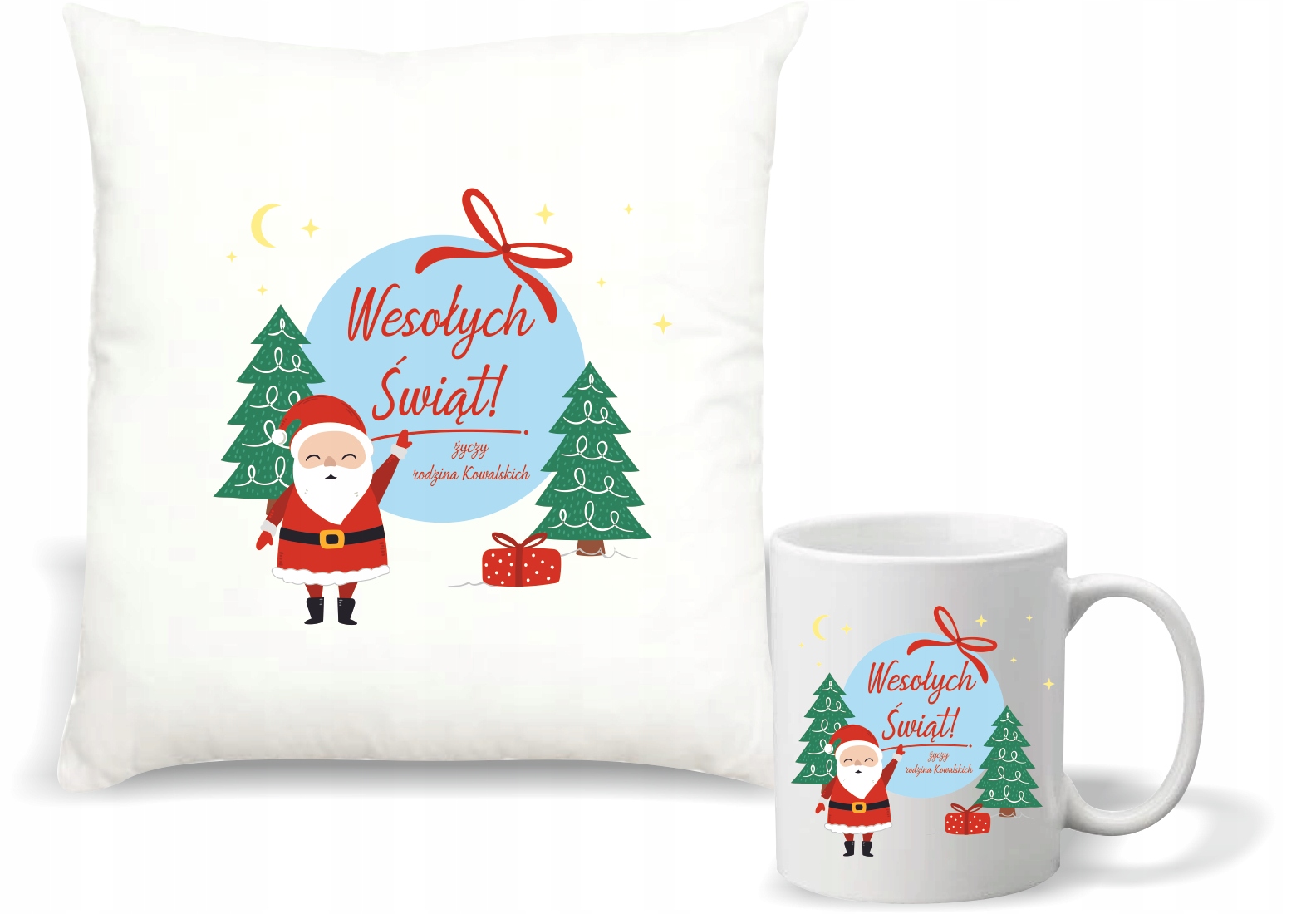Zestaw PODUSZKA i KUBEK z nadrukiem ŚWIĄTECZNY PREZENT + IMIĘ DEDYKACJA