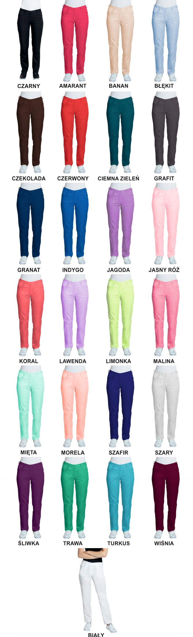 Spodnie medyczne damskie na pasku kosmetyczne z HAFTOWANYM z LOGO