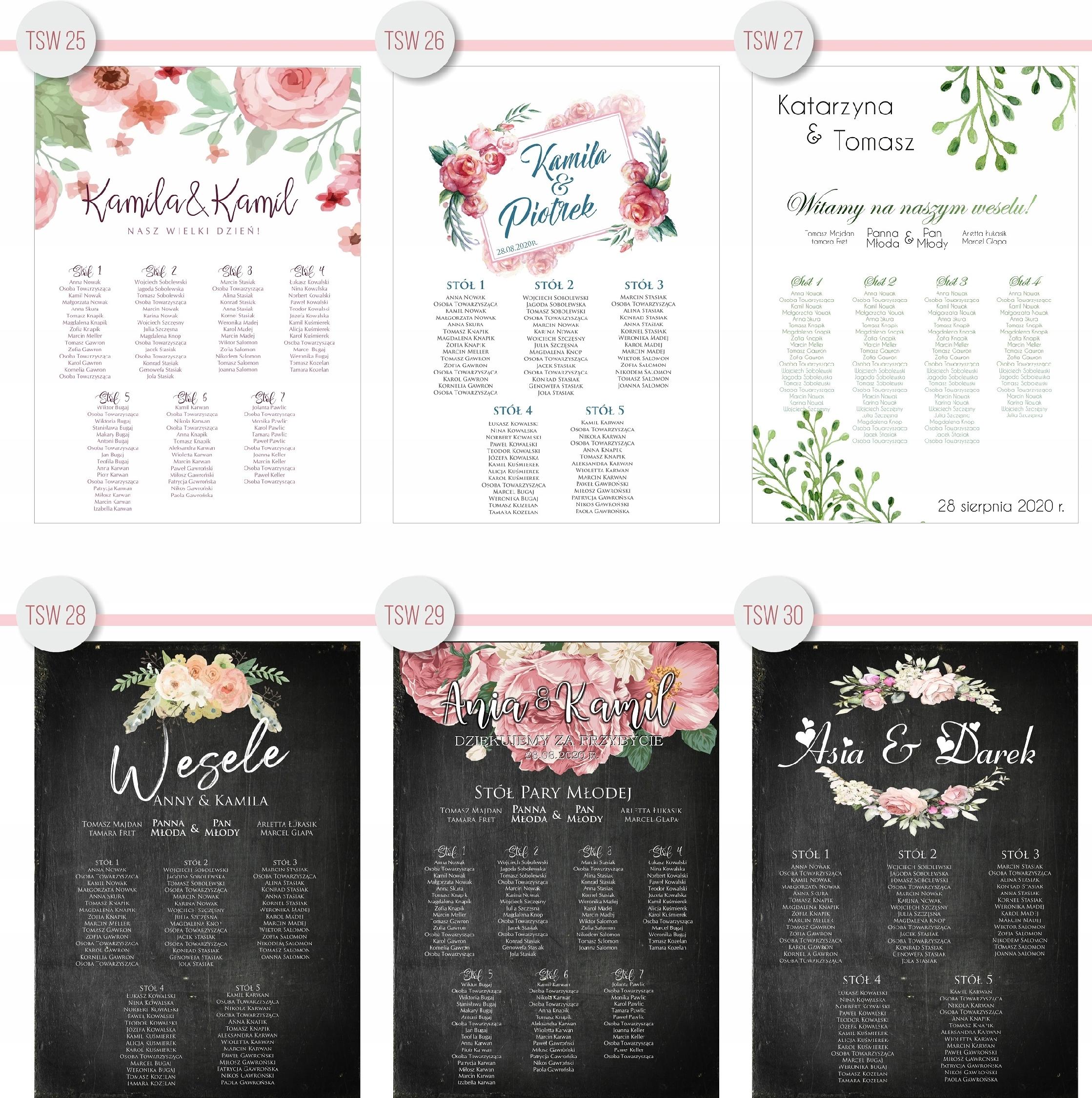 Plan stołów weselnych ROZMIESZCZENIE gości wesele tablica 100x70