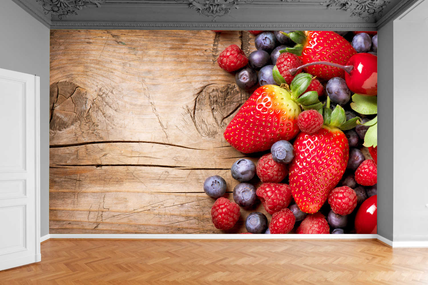 Fototapeta OWOCE TRUSKAWKI JAGODY DESKI 300x210