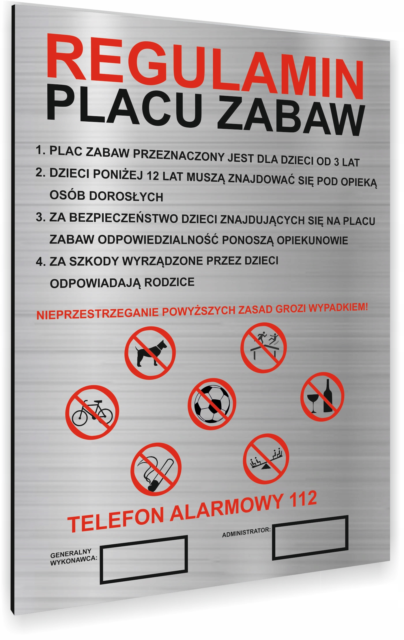 REGULAMIN PLACU ZABAW TABLICZKA INFORMACYJNA ALUMINIOWA