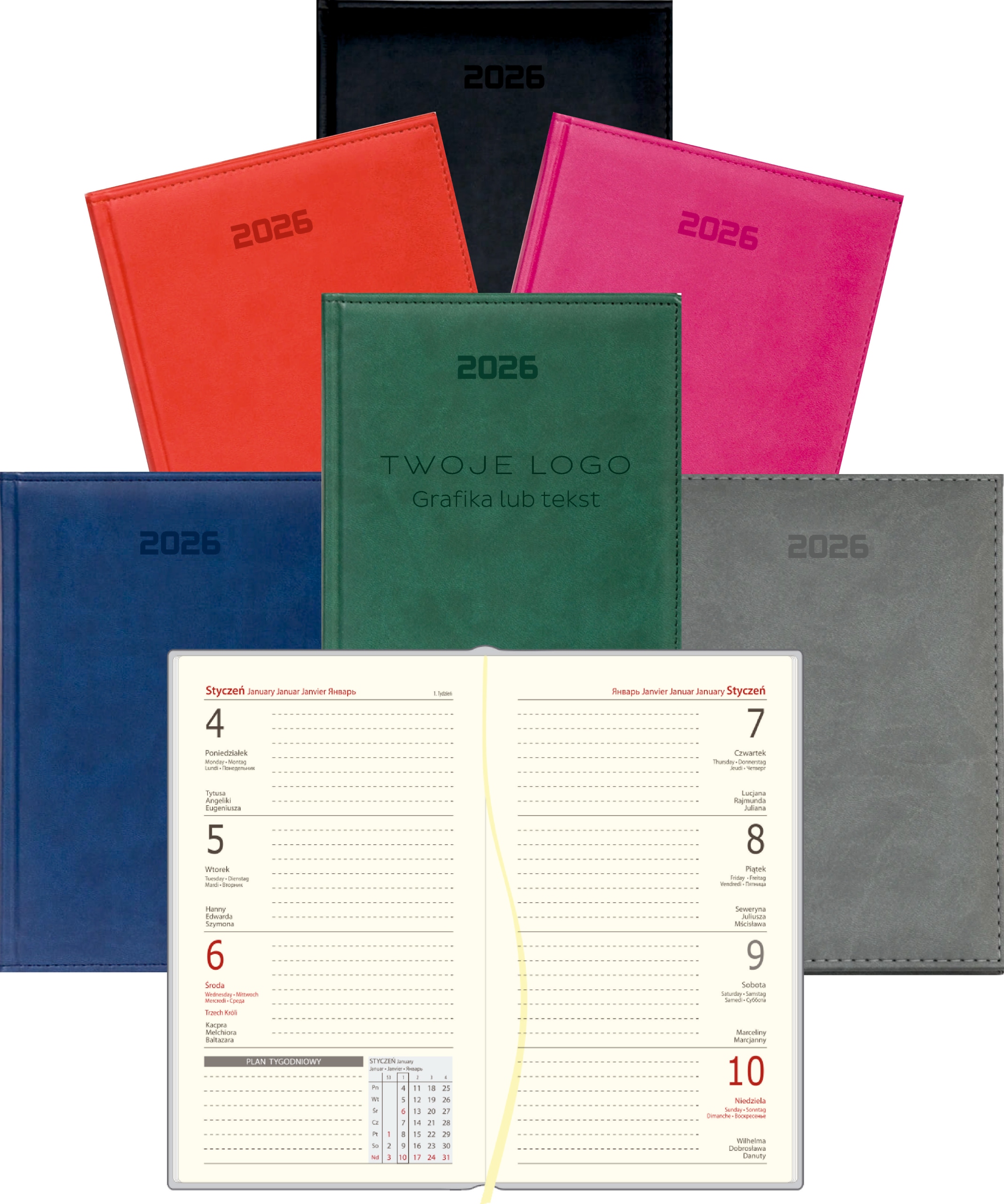KALENDARZ tyg. PLANER A6 2026 GRAWEREM TWOJE LOGO NAPIS GRAFIKA 50 SZTUK