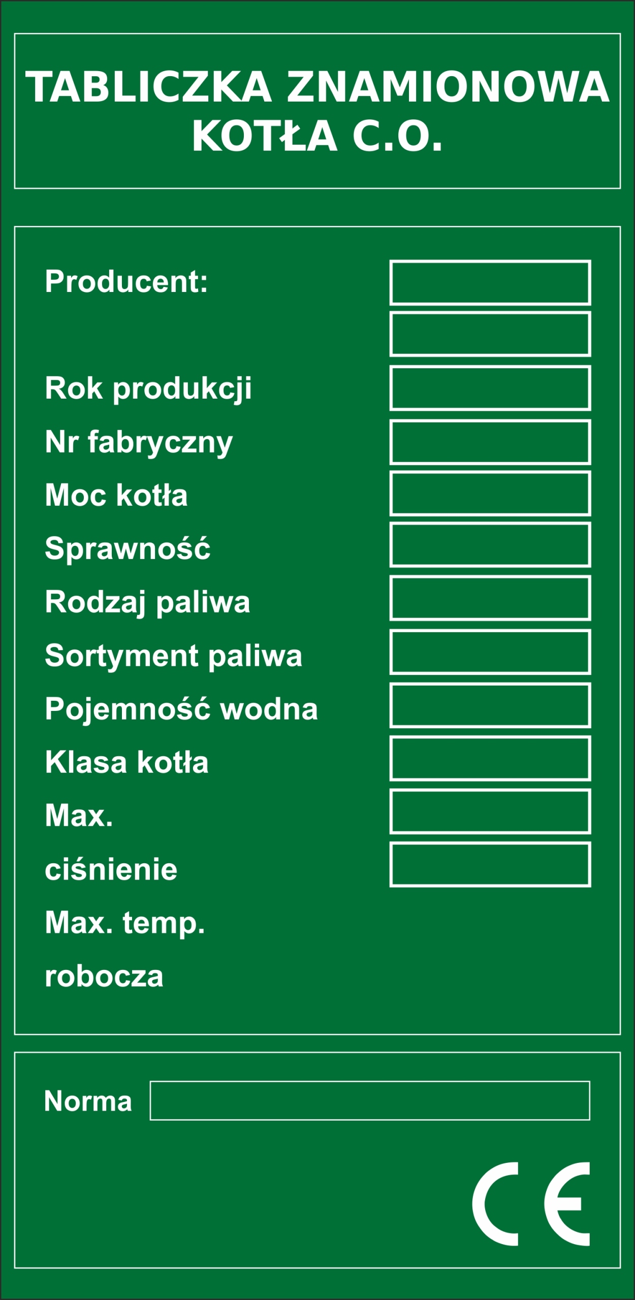 Oznaczenie Tabliczka na piec kocioł grzewczy C.O.