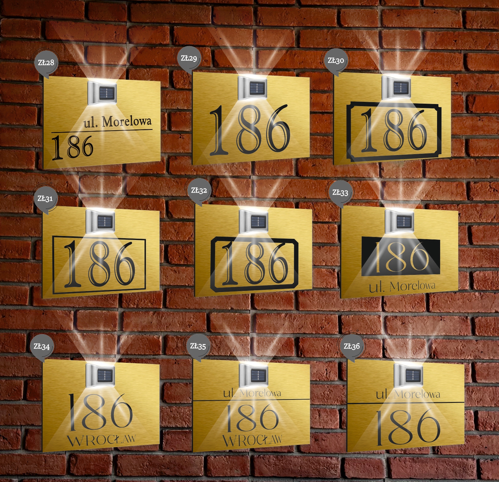 ZŁOTA TABLICZKA ADRESOWA nierdzewna dibond z lampką numer domu 40x30