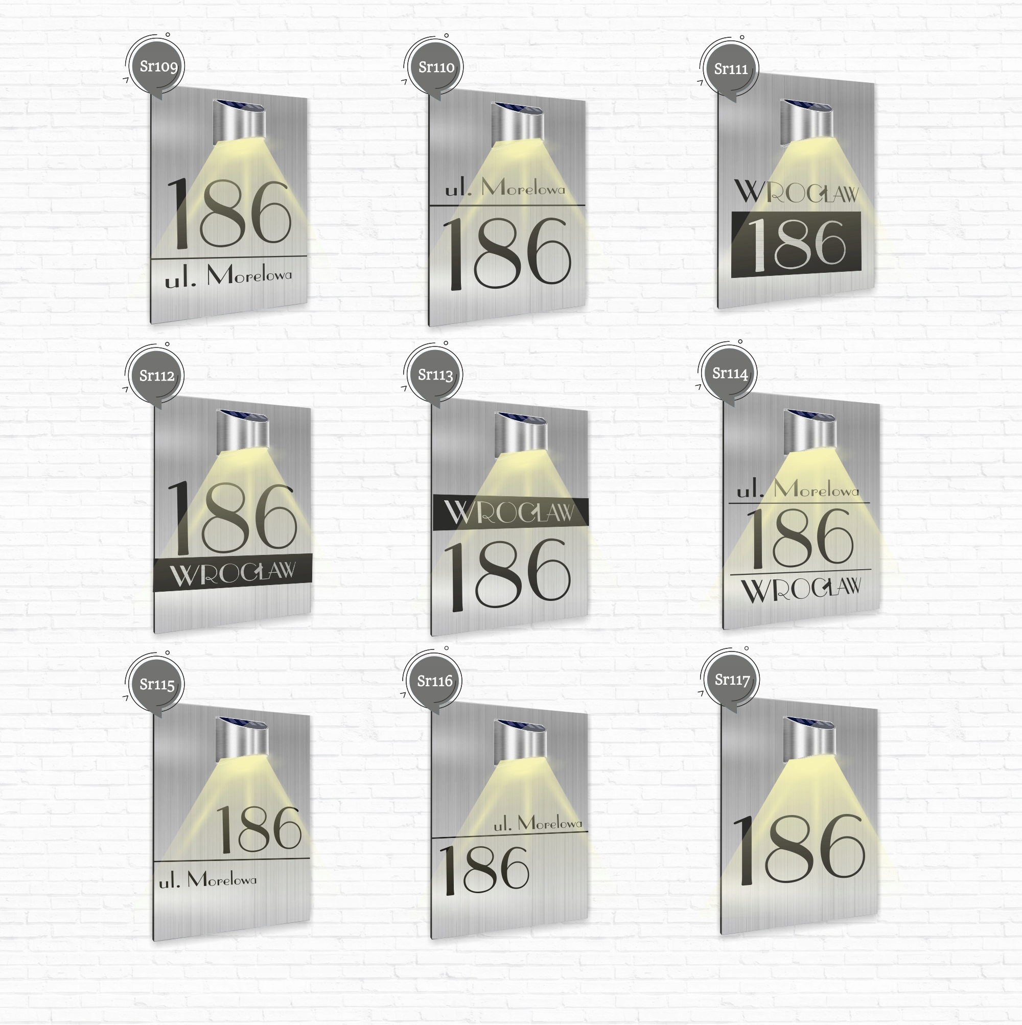 Tabliczka adresowa dibond srebrny numer i adres lampka solarna 30x20 cm