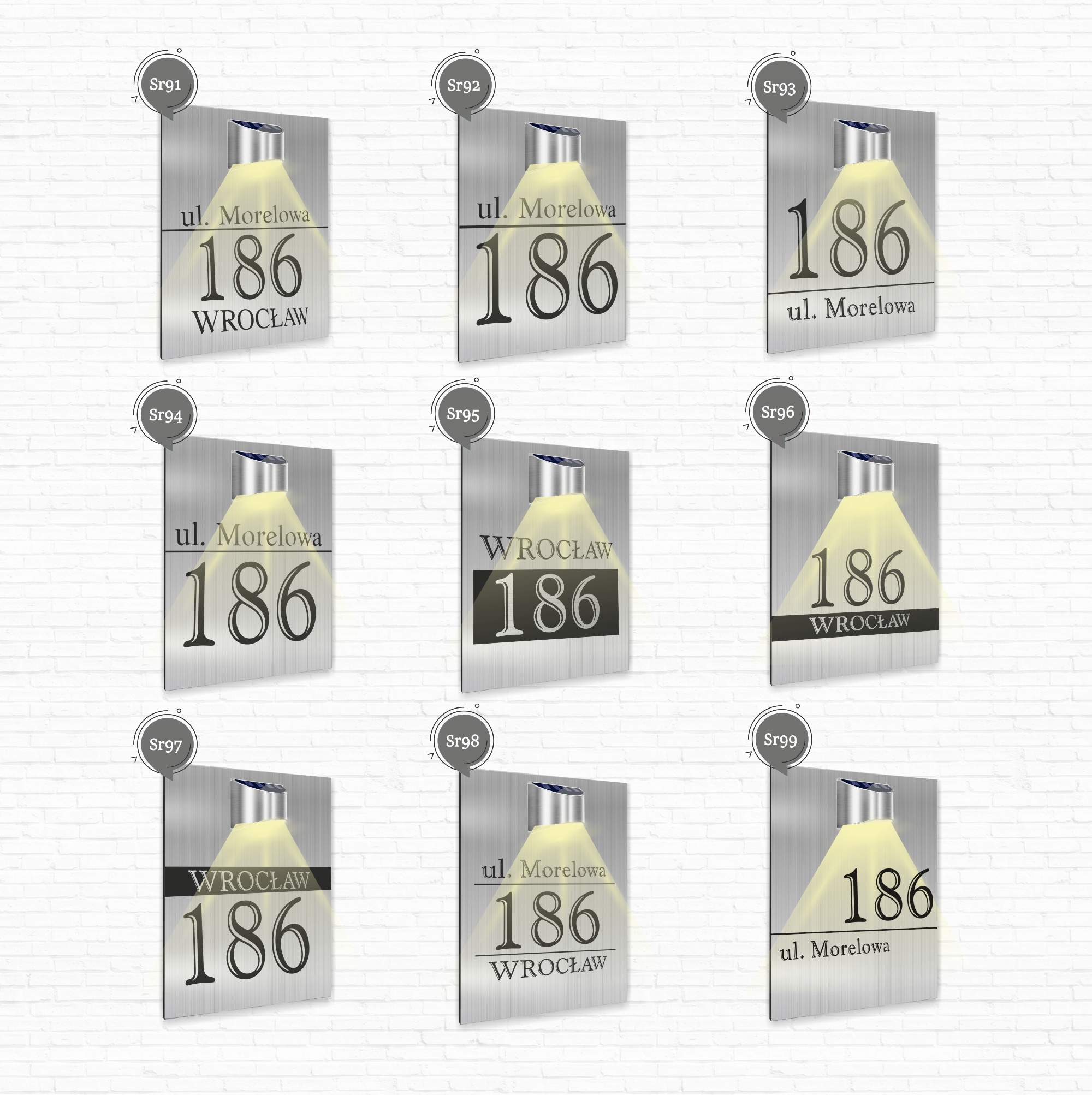 Tabliczka adresowa dibond srebrny numer i adres lampka solarna 30x20 cm