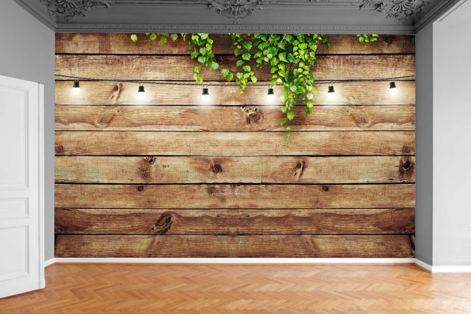 Fototapeta ZIELONE LIŚCIE DREWNIANE DESKI 200x130