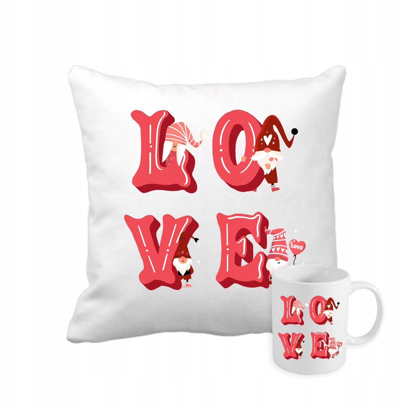 Zestaw PODUSZKA + KUBEK z nadrukiem LOVE PREZENT DLA ŻONY MĘŻA walentynki