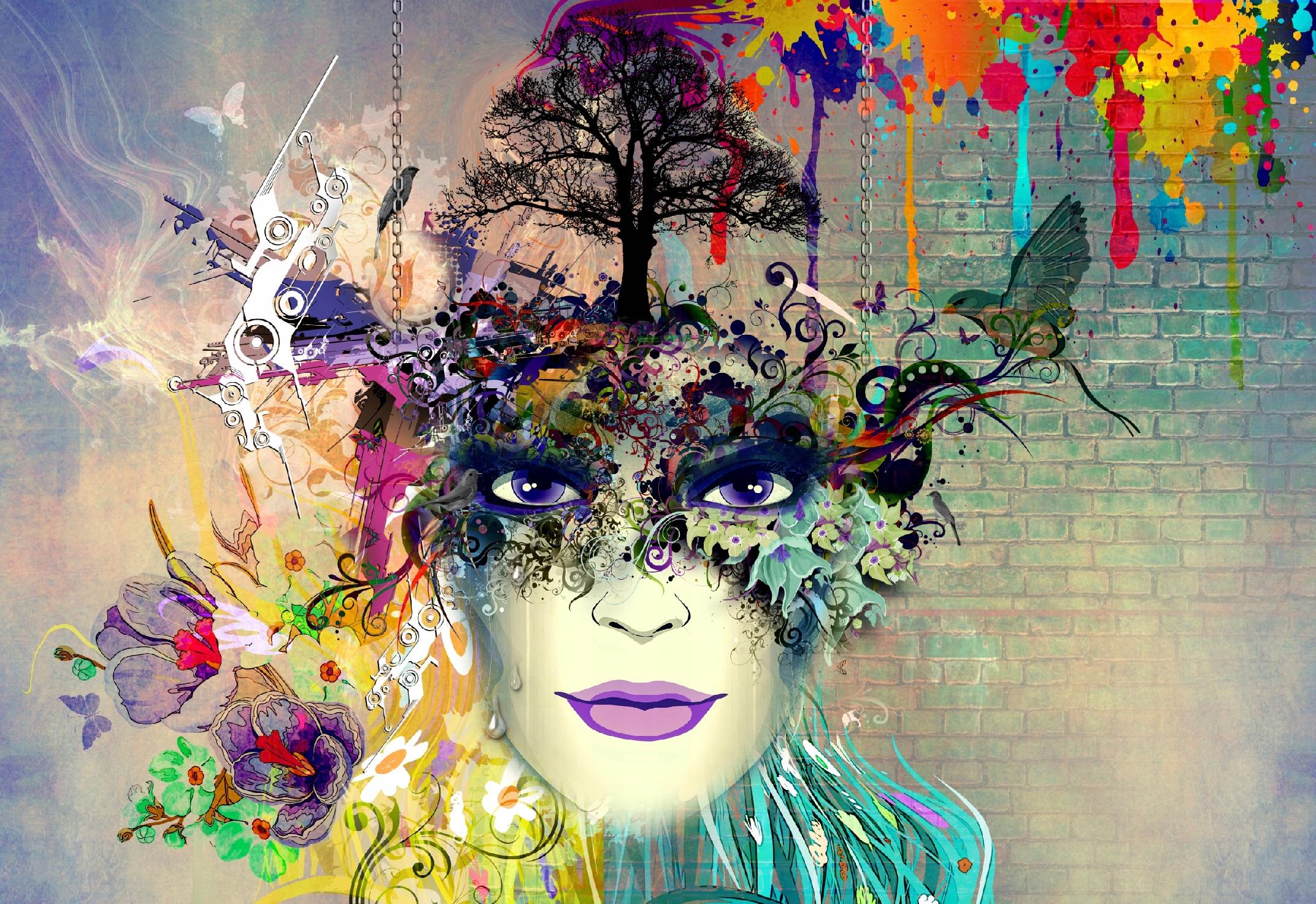 FOTOTAPETA TWARZ KOBIETA MALUNEK FARBA CEGŁA