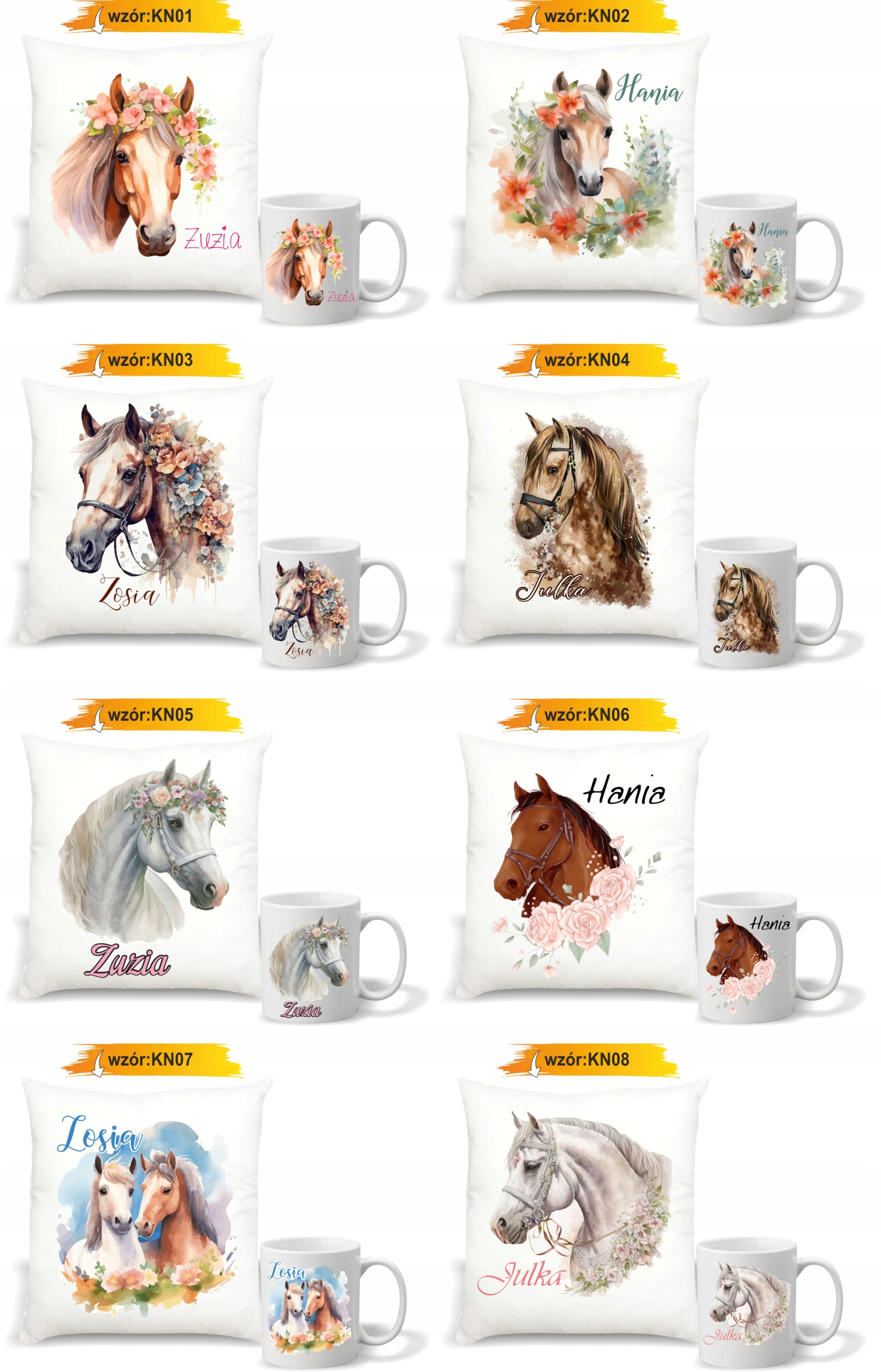 Zestaw PODUSZKA + KUBEK KONIE KOŃ IMIĘ PREZENT z napisem dedykacją imię