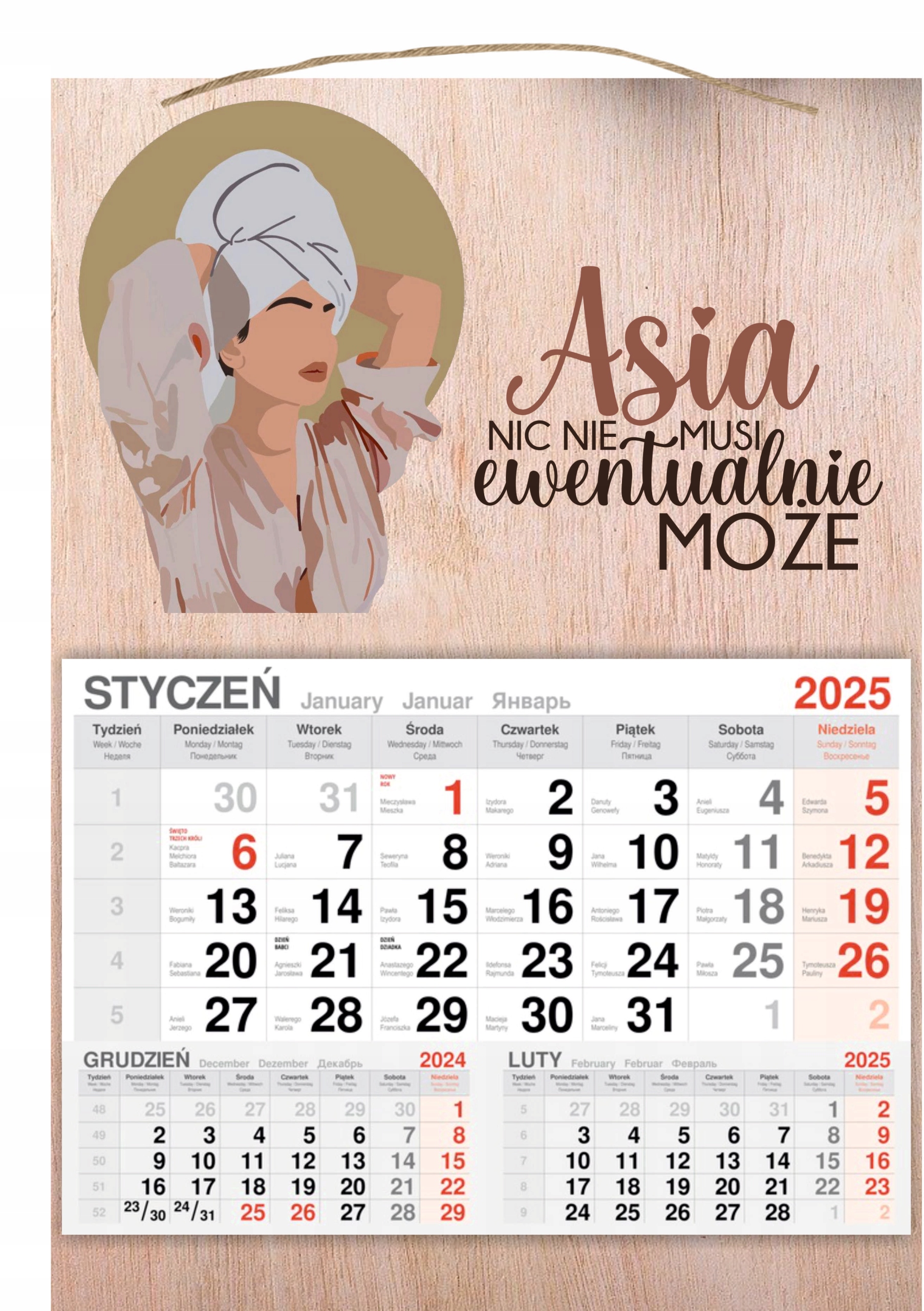 KALENDARZ 2025 jednodzielny DREWNIANY prezent dzień kobiet PERSONALIZOWANY