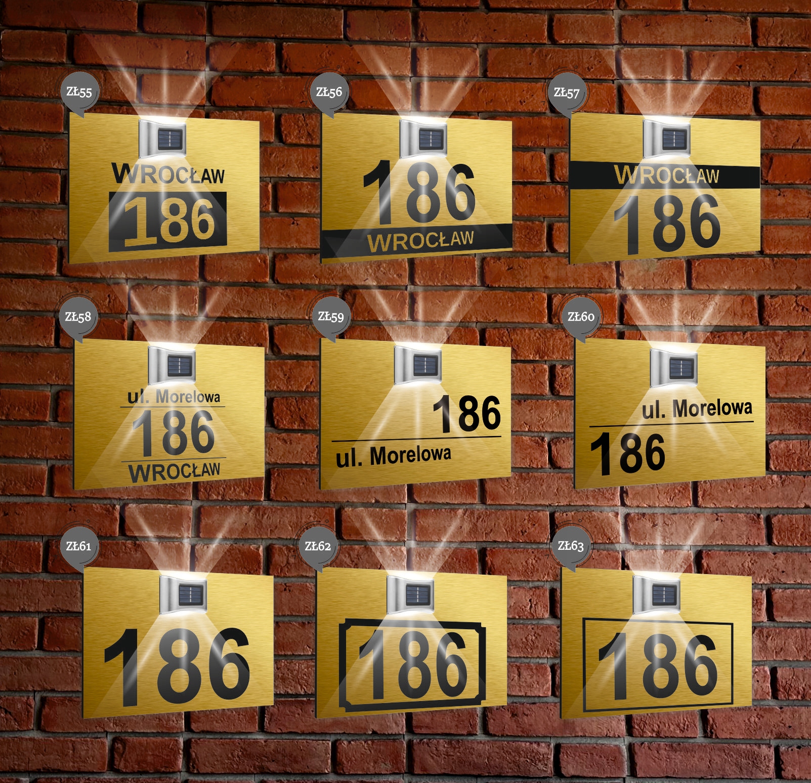 ZŁOTA TABLICZKA ADRESOWA nierdzewna dibond z lampką numer domu 40x30