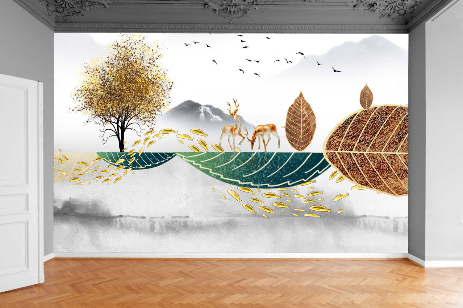 Fototapeta BOHO DRZEWO JELENIE MGŁA 130x80