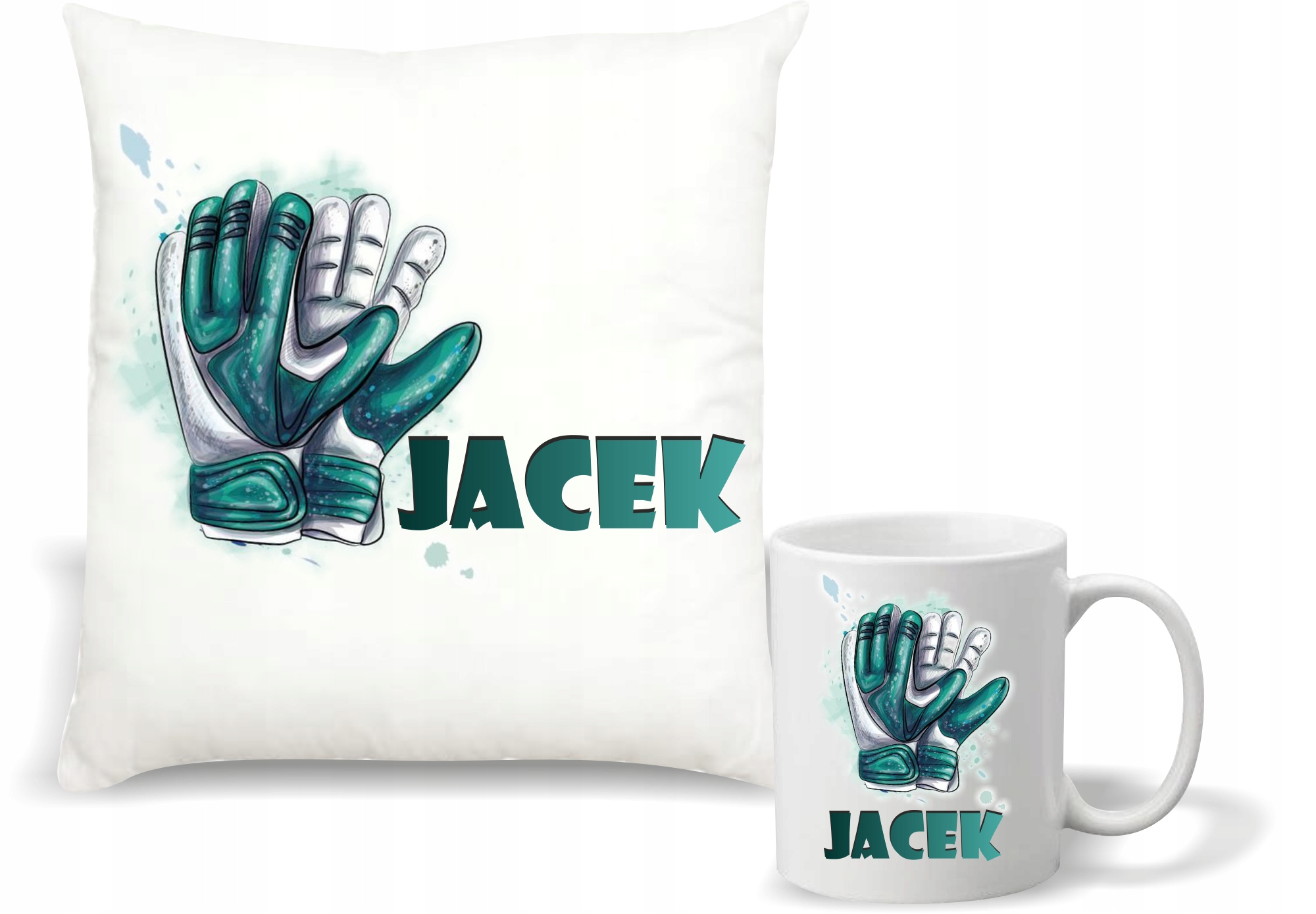 Zestaw PODUSZKA + KUBEK PREZENT DLA BRAMKARZA z nadrukiem różne wzory