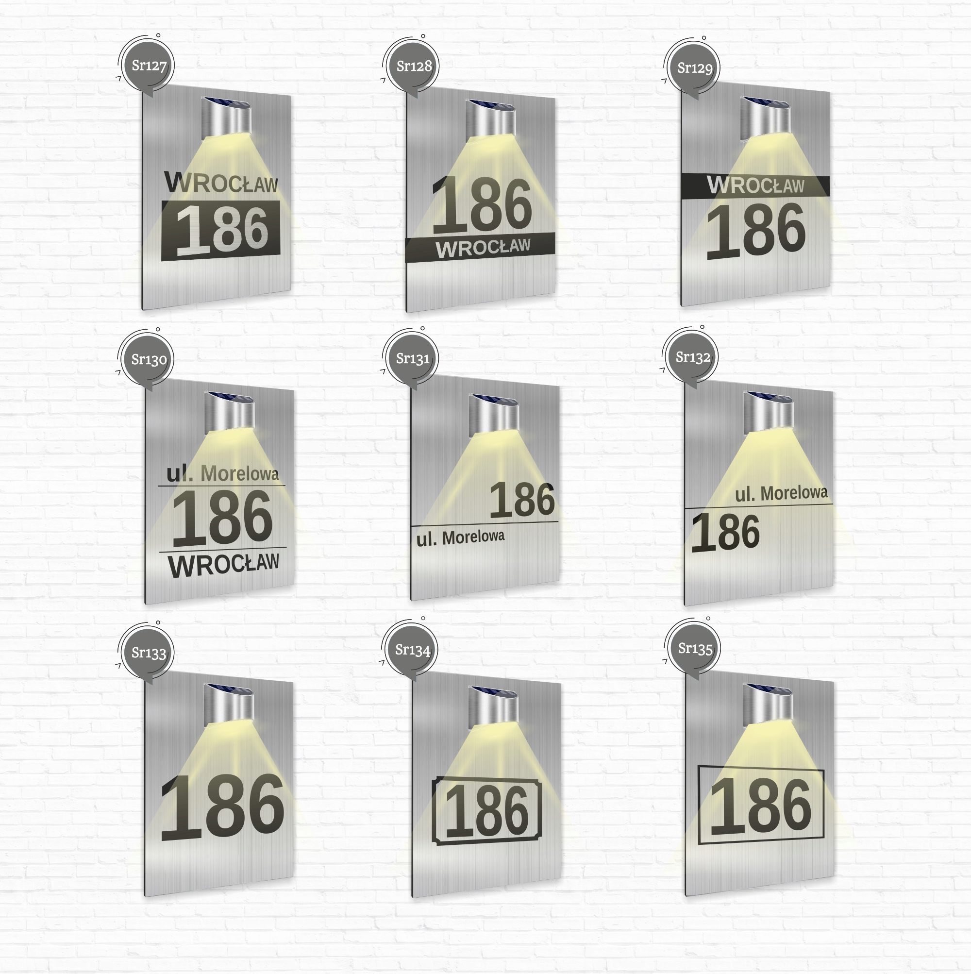 Tabliczka adresowa dibond srebrny numer i adres lampka solarna 30x20 cm