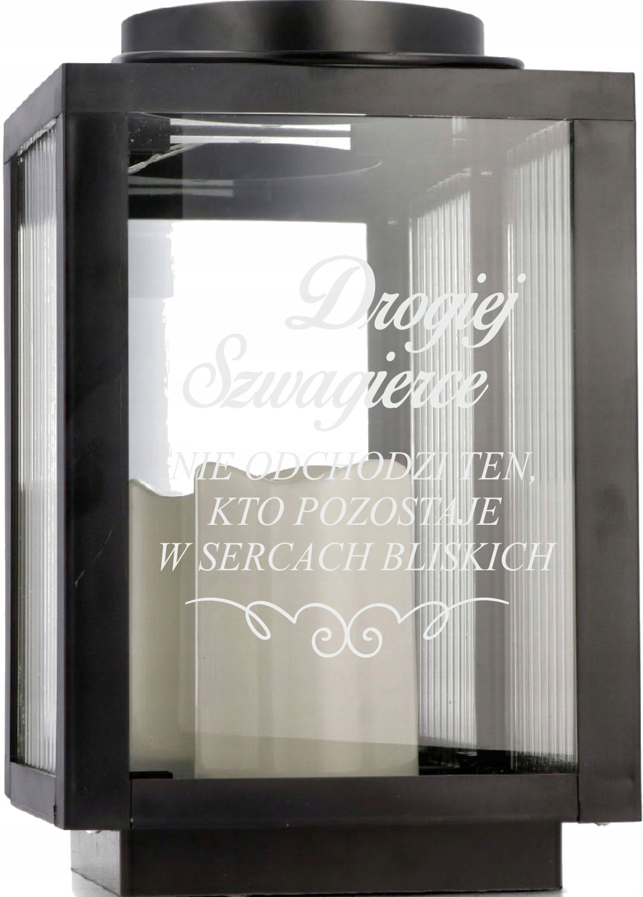 Latarenka na cmentarz z imieniem datą pamiątkowy znicz z osobistym tekstem