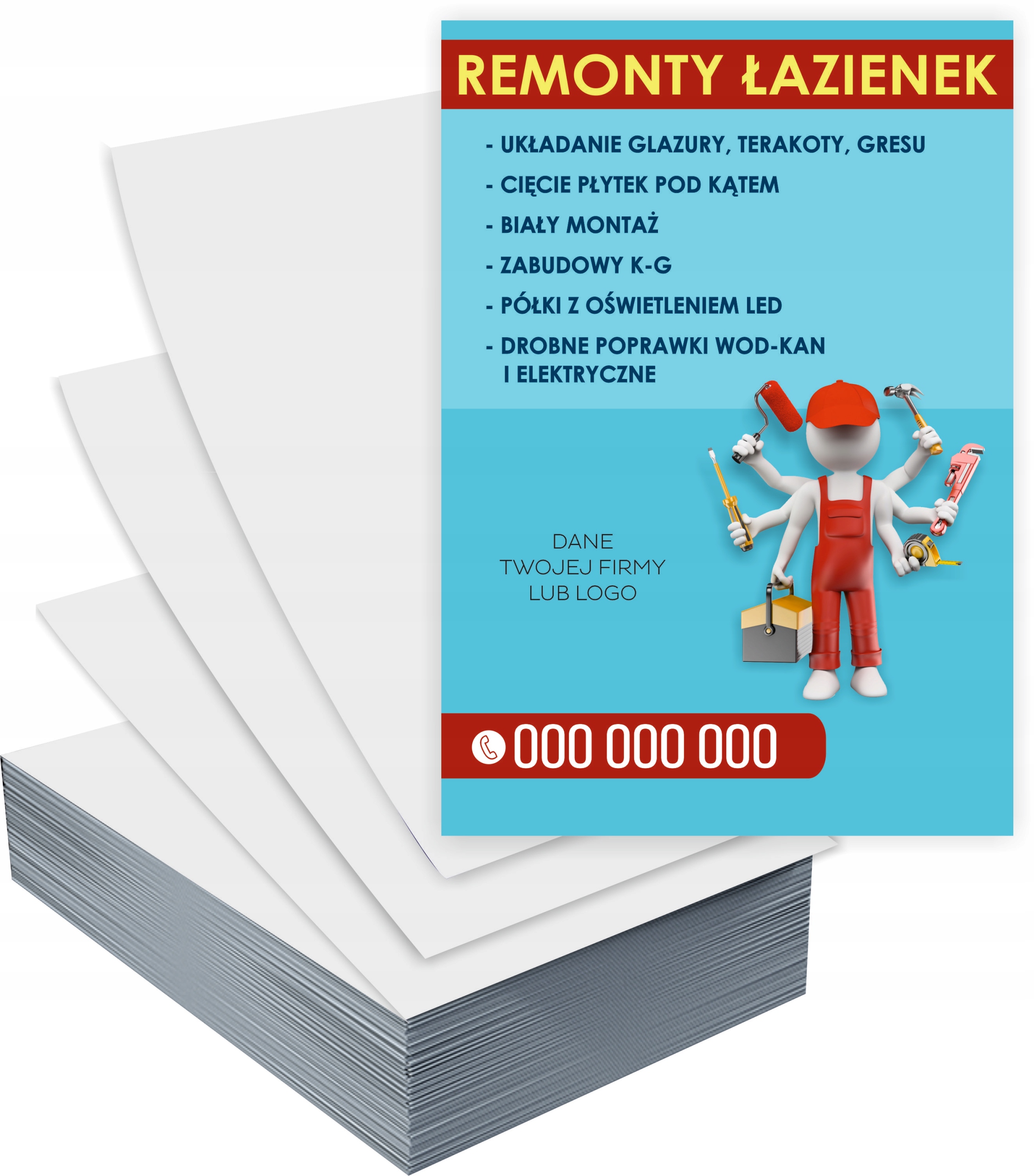 Ulotki A4 REMONTY ŁAZIENEK 100 szt firmowe reklamowe + PROJEKT GRATIS
