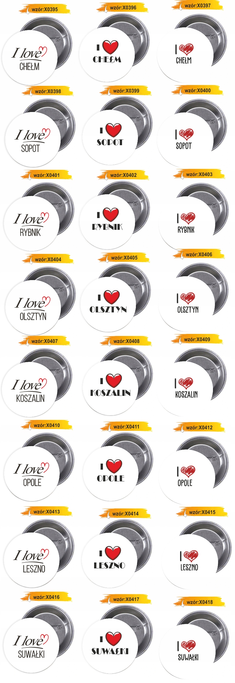 Przypinki buttony I LOVE MIELNO z grafiką