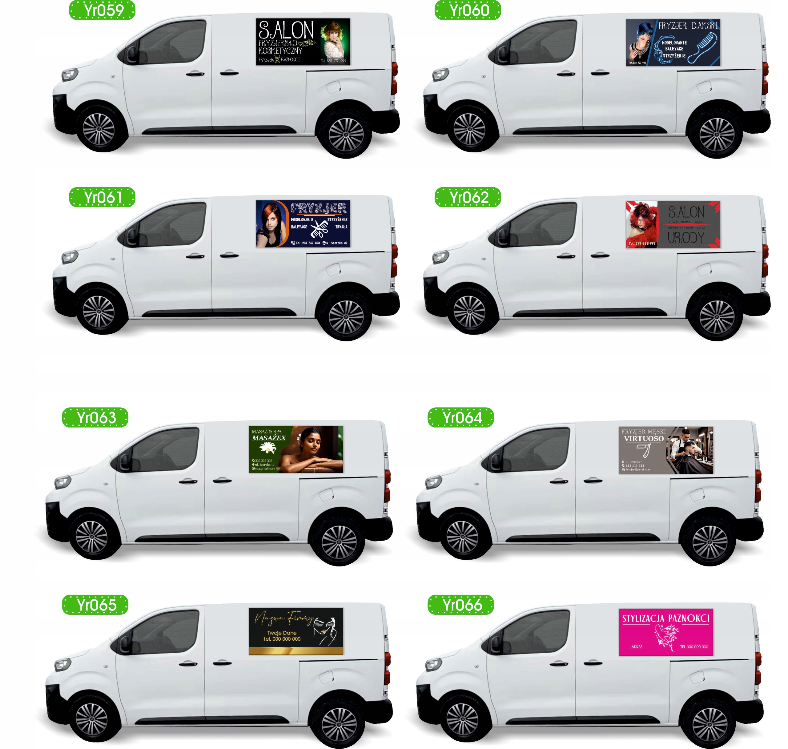 Reklama Naklejka na samochód SALON FRYZJERSKI gotowe projekty 0,5 m2
