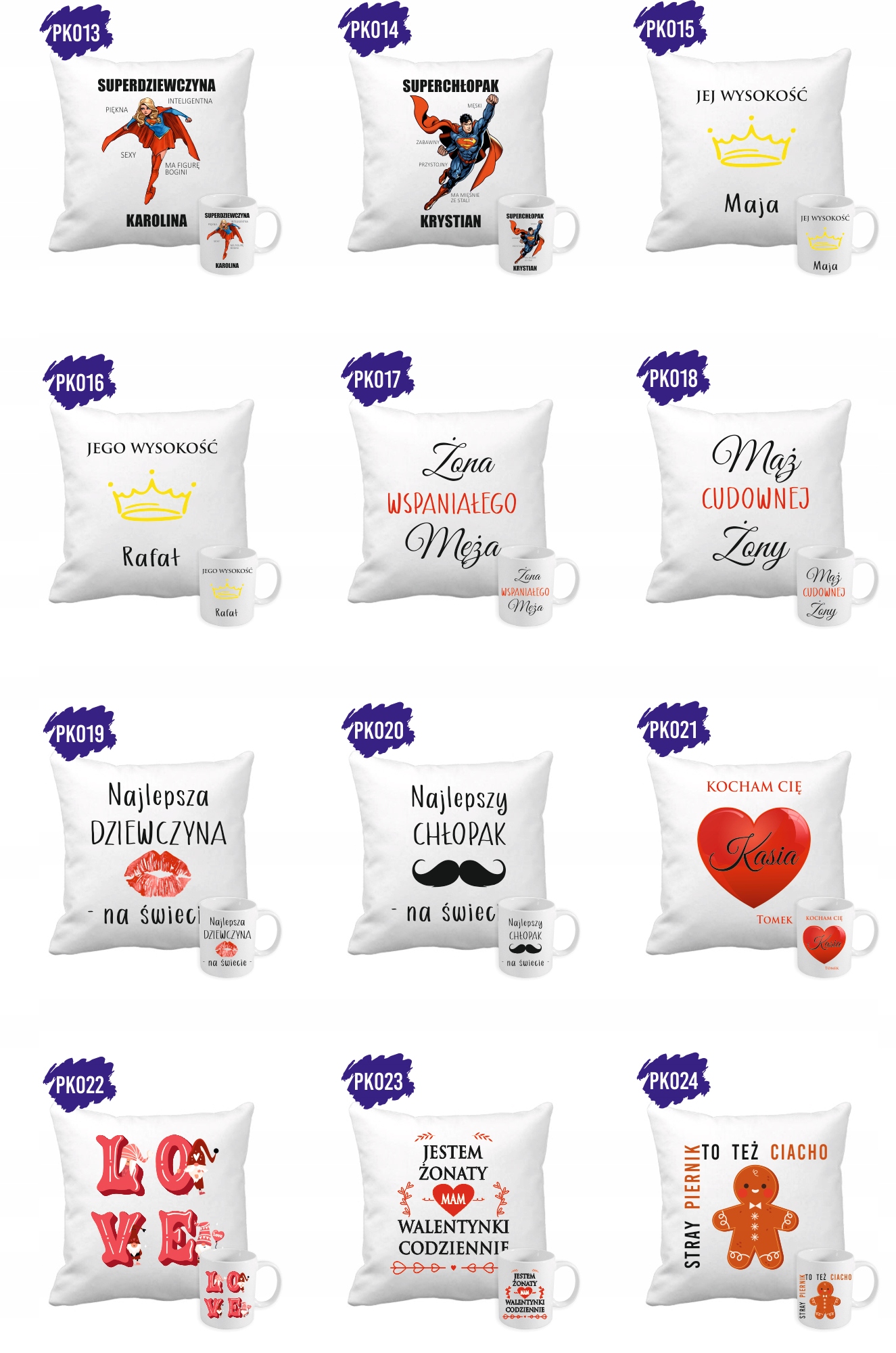 Zestaw PODUSZKA + KUBEK z nadrukiem LOVE PREZENT DLA ŻONY MĘŻA walentynki