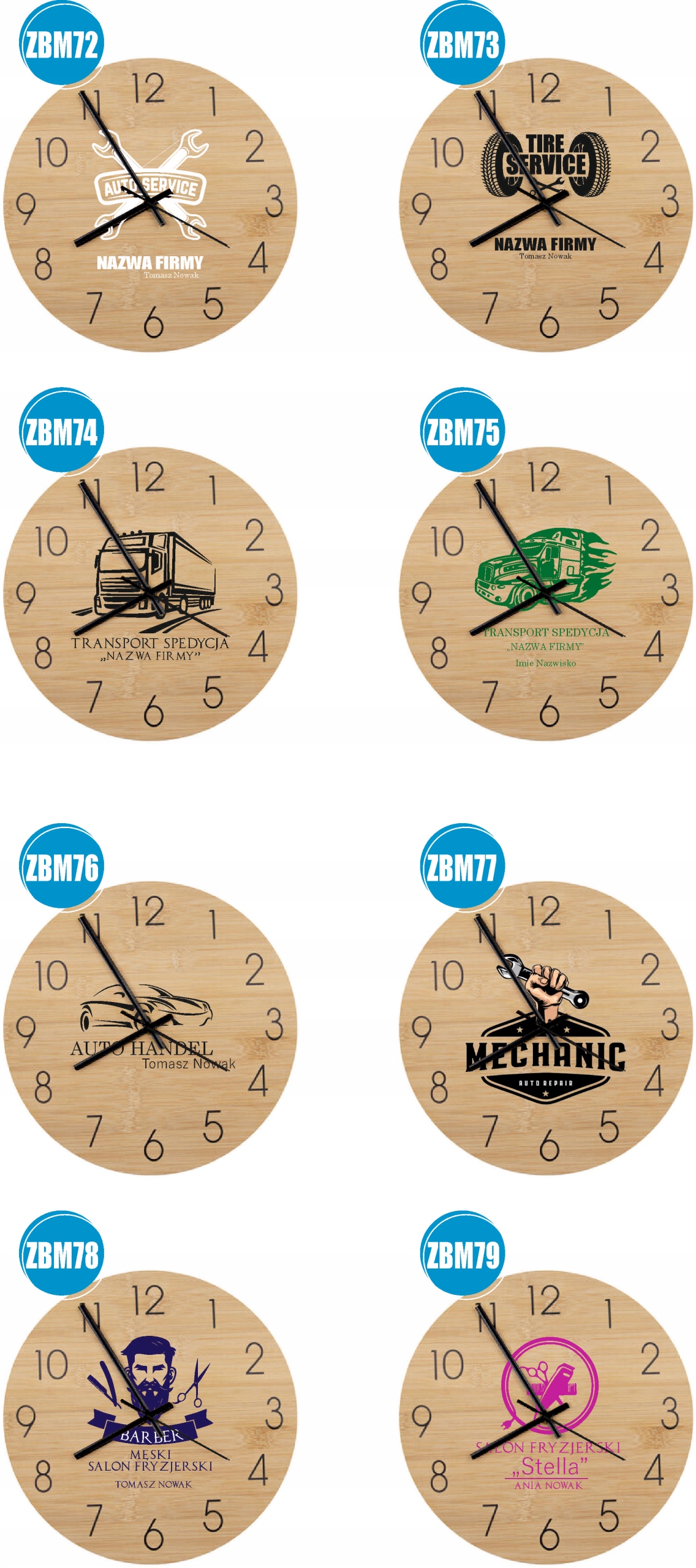 Bambusowy ZEGAR ścienny nadruk UV do biura AUTO HANDEL + nazwa firmy