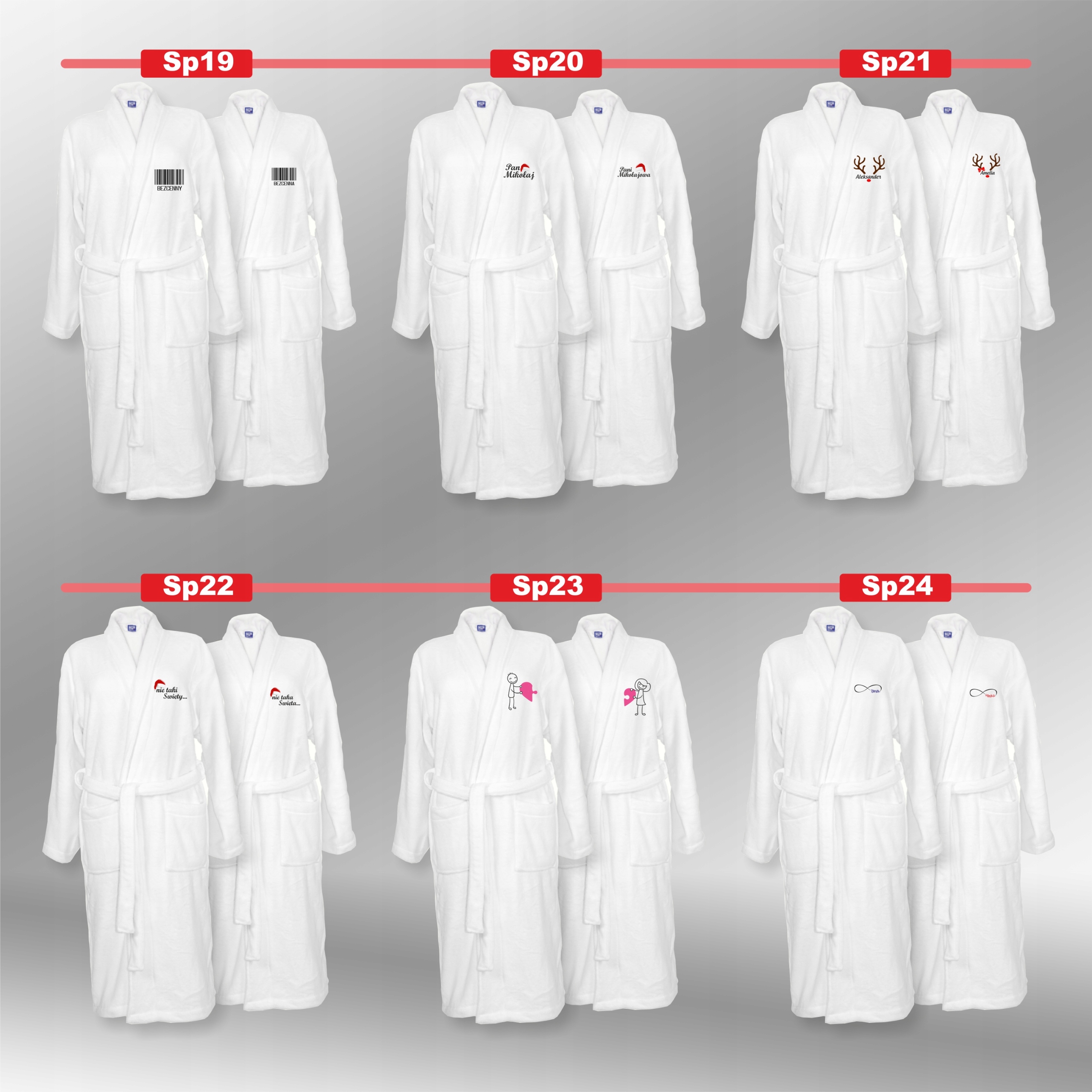 SZLAFROKI BIAŁE Z HAFTEM 2 szt unisex PREZENT personalizowany dużo wzorów