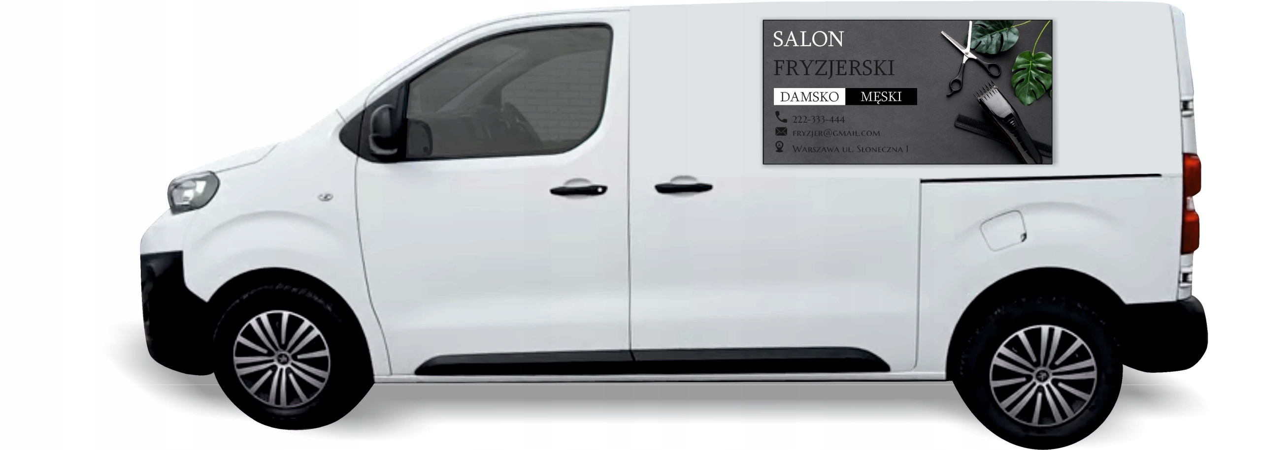 Reklama Naklejka na samochód SALON FRYZJERSKI gotowe projekty 0,5 m2
