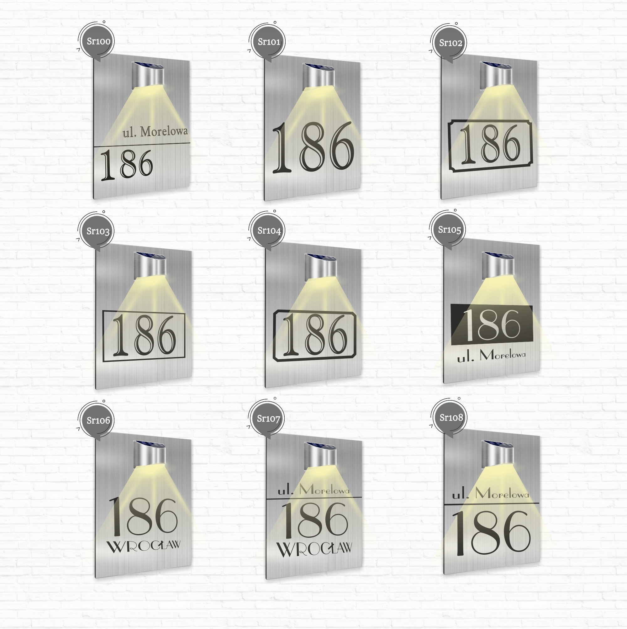 duża TABLICZKA ADRESOWA dibond srebrna adres strzałka 40x30 lampka solarna