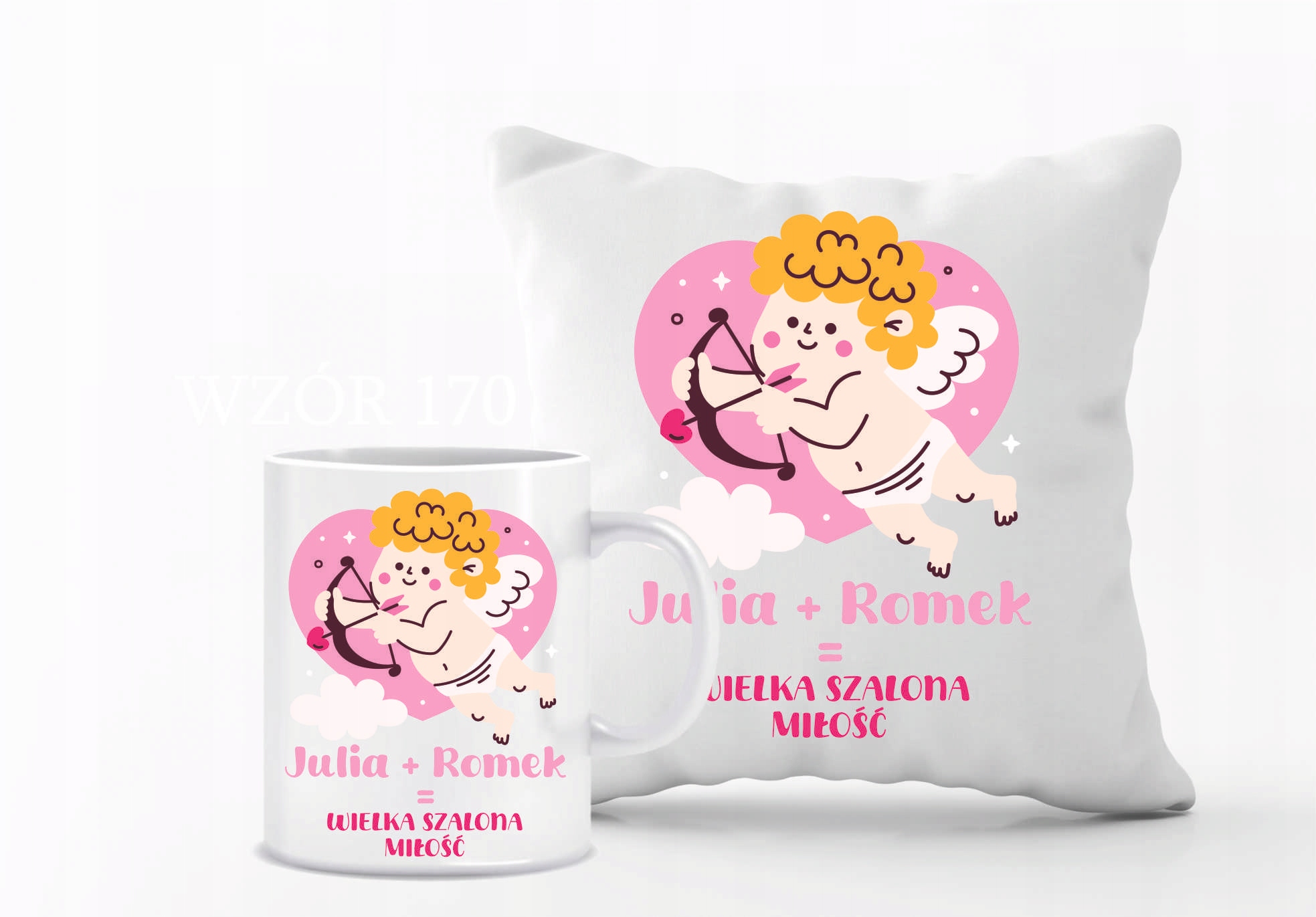 Walentynkowy Zestaw PODUSZKA i KUBEK prezent z TWOM NAPISEM IMIONAMI