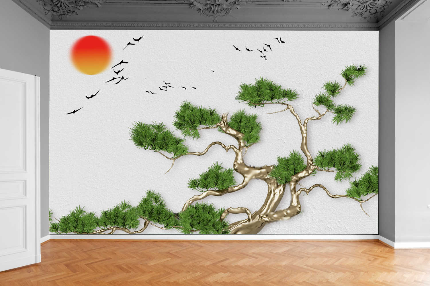 Fototapeta DRZEWO ZŁOTE PTAKI SŁOŃCE 370x250